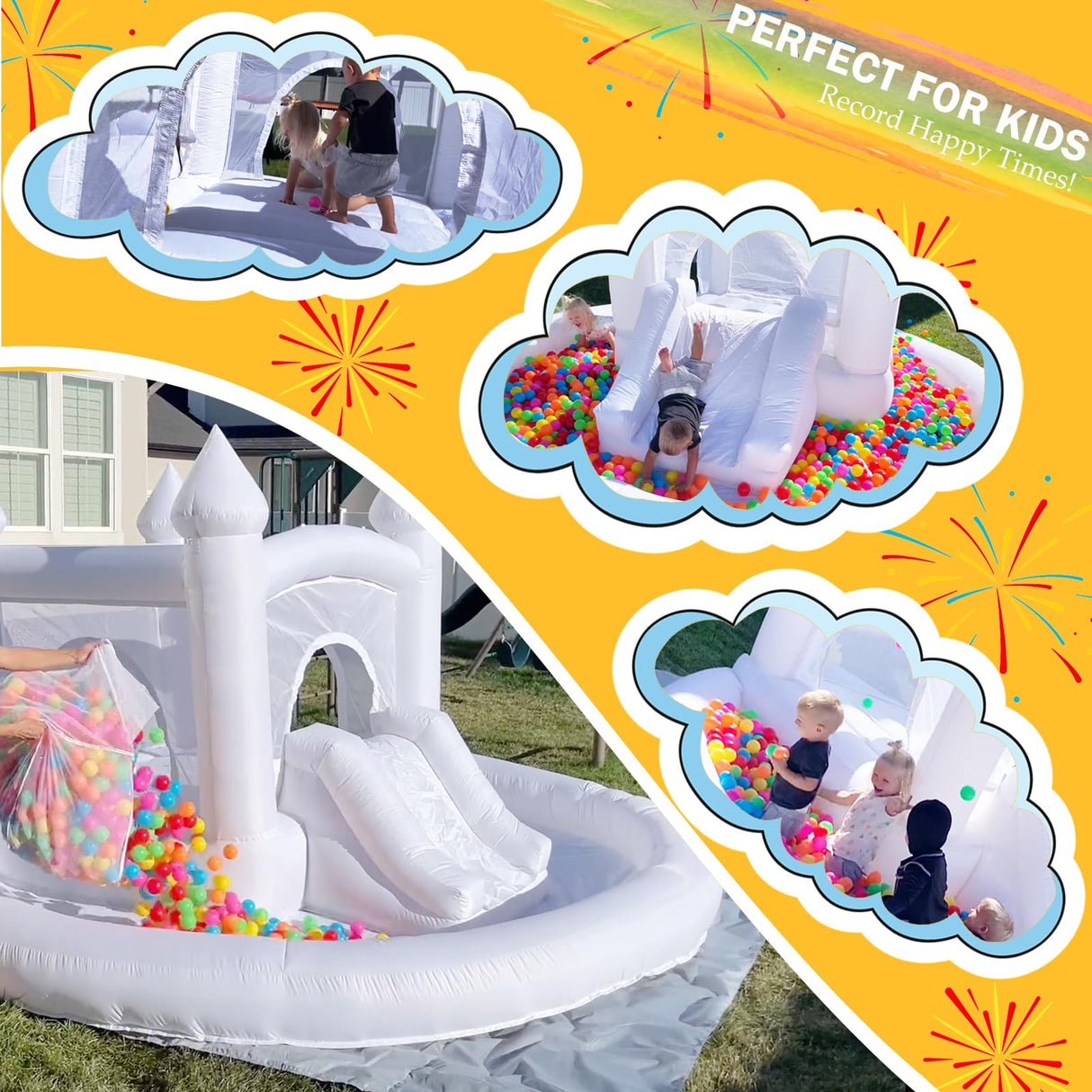 White Bounce House with Ball Pit, Indoor & Outdoor Bouncy Castle with Slide and UL Blower for Kids Family Backyard Party, 12x11Ft Inflatable Bouncer for Boys for Girls ZAFIED