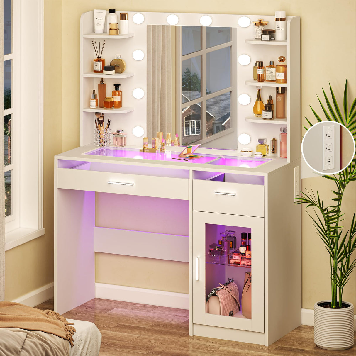 HUAHUU Vanity Desk with Mirror and Lights, Makeup Vanity Desk with Lights 3 Colors, Transparent Top Vanity with 2 RGB Drawers, 6 Shelves, Large Tempered Cabinet, Power Outlet, for Bedroom, White HUAHUU