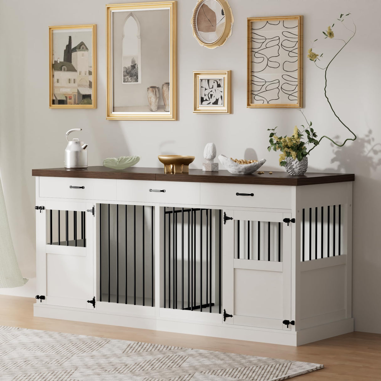 71" Dog Crate Furniture, Large Wood Double Dog Kennel Furniture with 3 Drawers, Crate Furniture Large Breed, Crates for 2 Dogs Furniture - White NBEETISM