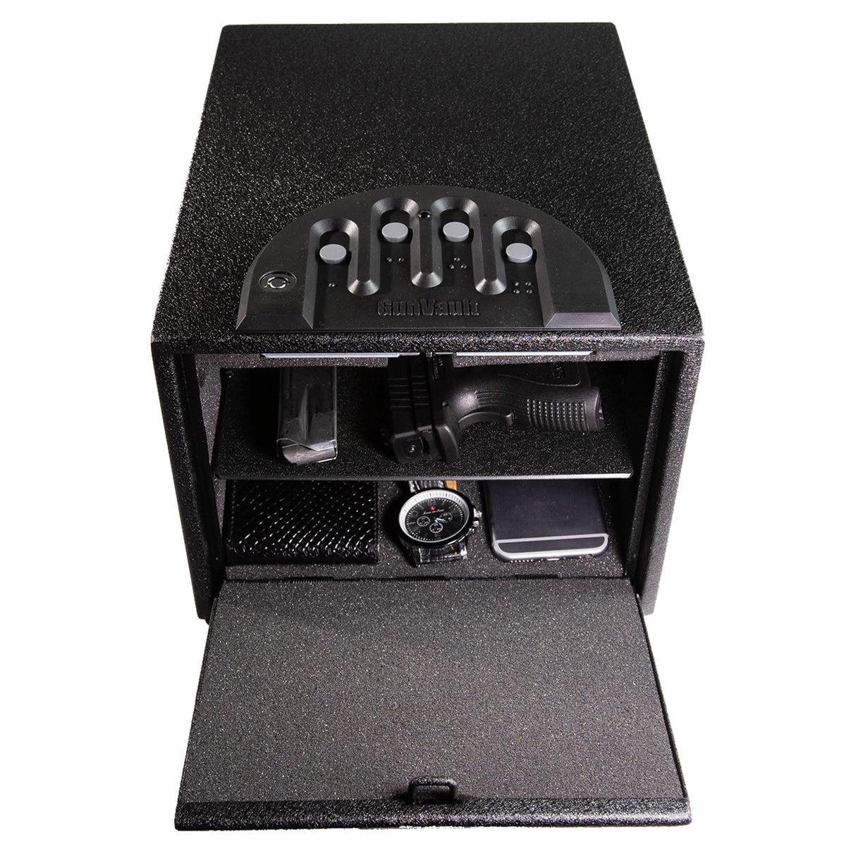 GunVault MultiVault Deluxe 2-Gun Quick Access Pistol Safe with No-Eyes Keypad, Motion Alarm & Interior Light – Secure Handgun Safe & Portable Lockbox GunVault