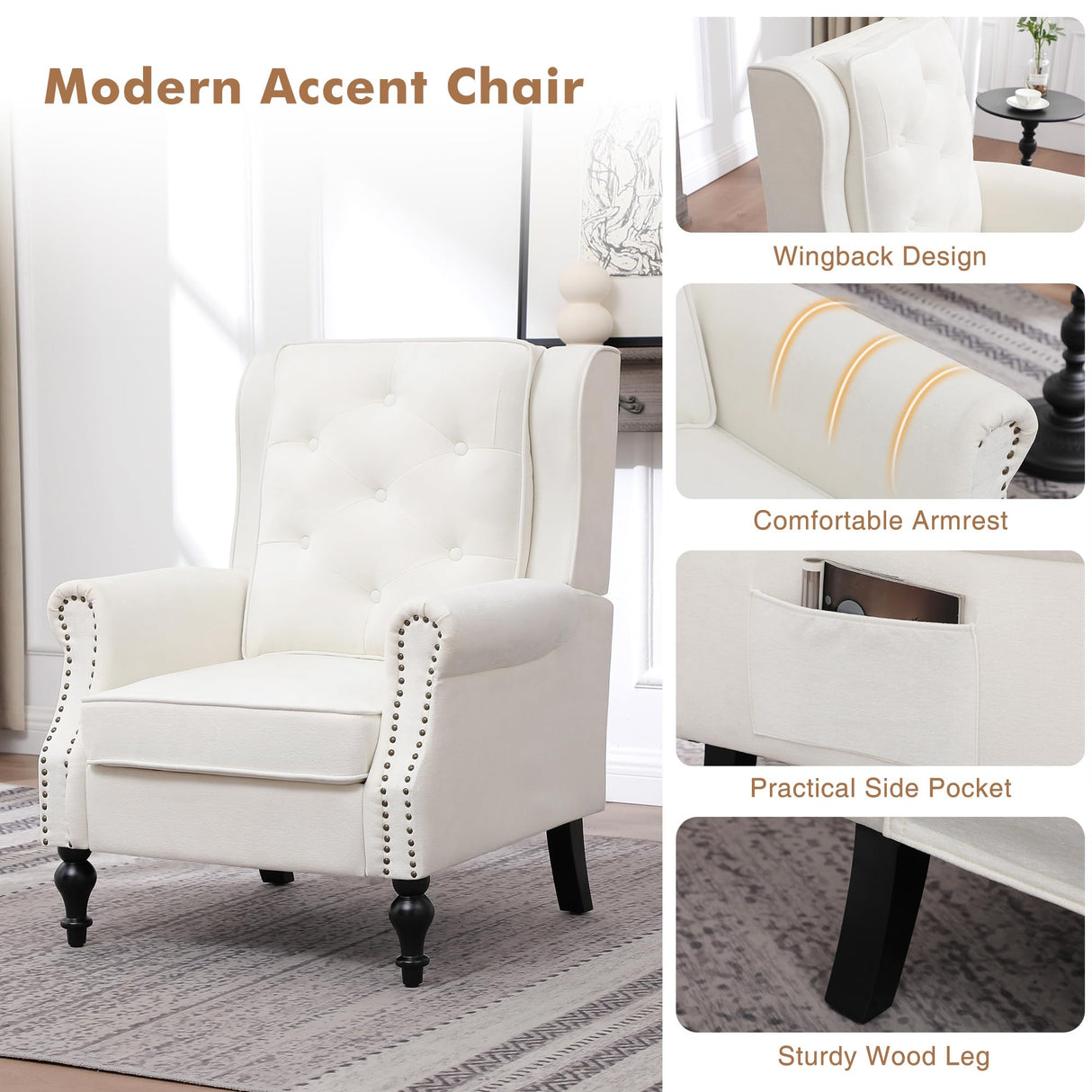 Modern Accent Chair Set of 2, Wingback Living Room Chairs with High Back, Accent Upholstered Armchair with Vintage Legs, Comfy Sofa Chair Accent Chairs Set for Bedroom Home Office Reading White choairy