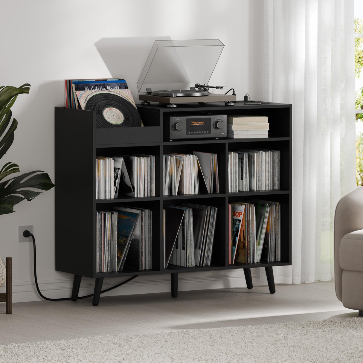 Cozy Castle Record Player Stand, Turntable Shelf with Vinyl Storage up to 500 Albums, Vinyl Record Player Shelf with Power Outlet Sideboard Buffet Cabinet with Storage Accent Cabinet, Black Cozy Castle