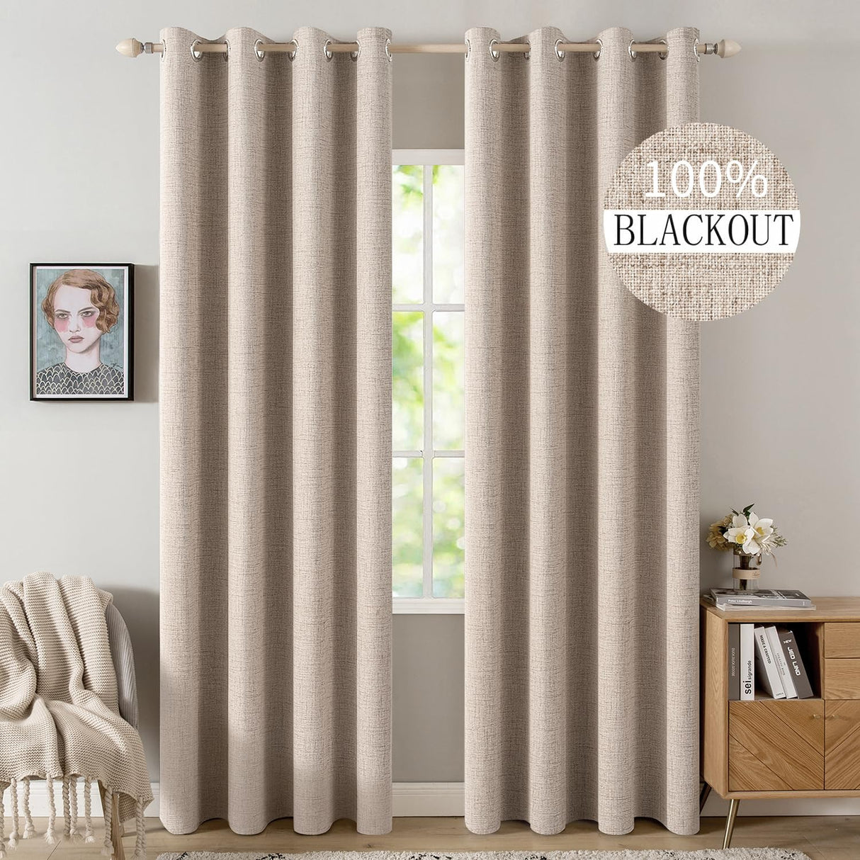 MIULEE 100% Blackout Linen Textured Curtains for Bedroom Solid Thermal Insulated Natural Beige Grommet Room Darkening Curtains & Drapes Luxury Decor for Living Room Nursery 52 x 84 Inch (2 Panels) MIULEE