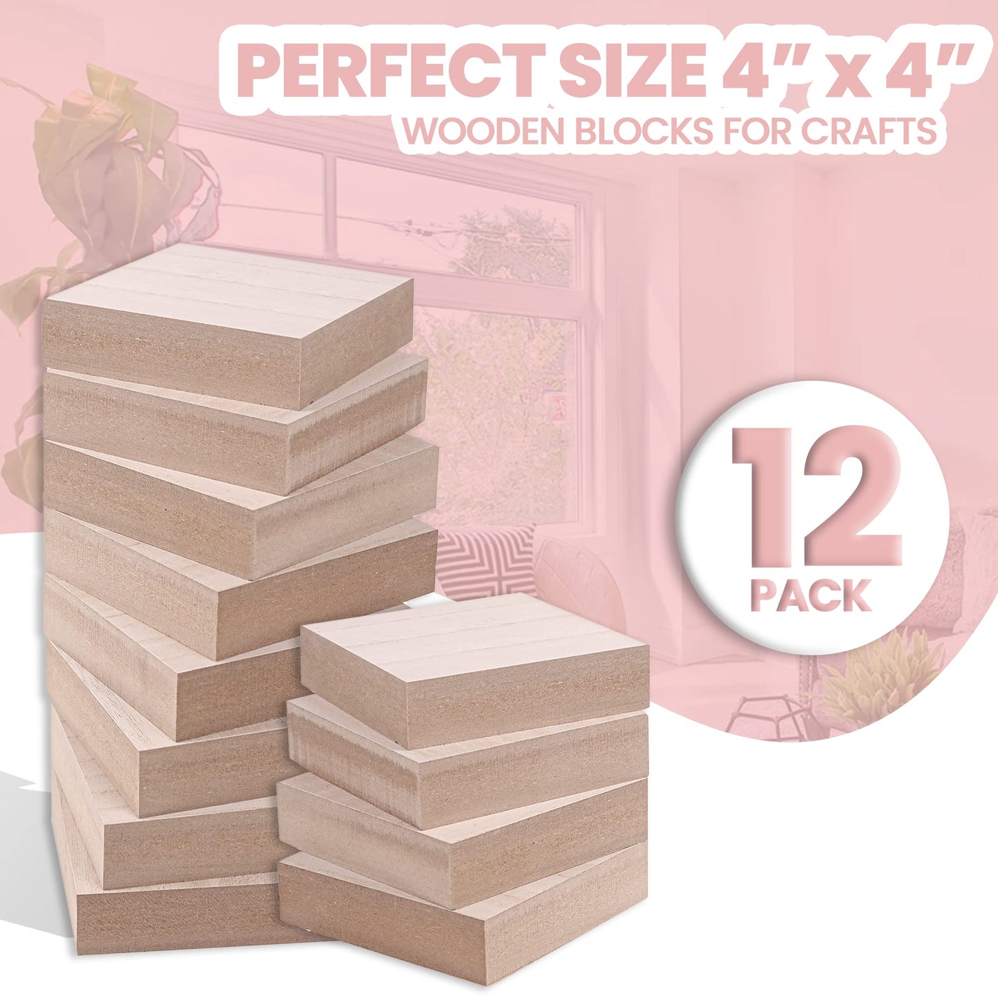 (12-Pack) - 4” x 4” Wooden Blocks for Crafts - 1-Inch Thick Square MDF Blocks - Smooth Surface with Wood Grain Pattern - Highly Customizable Blank Wood Squares