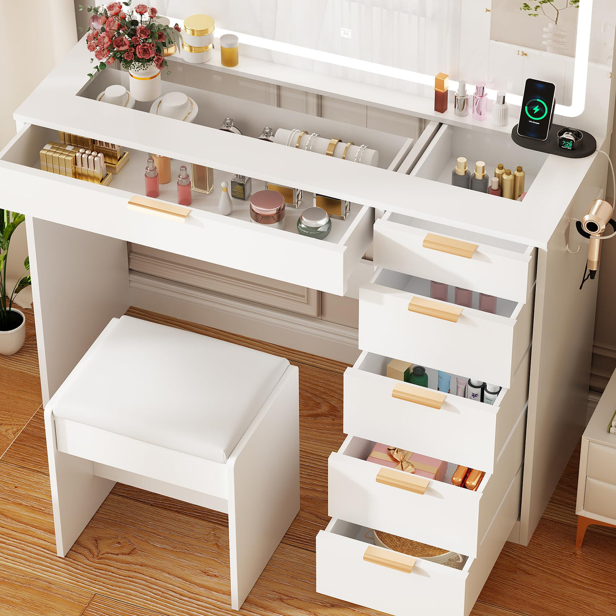 ANWBROAD 39.4" Makeup Vanity Desk with Glass Top & Power Outlet for Girls Women White Modern UBDT79W ANWBROAD