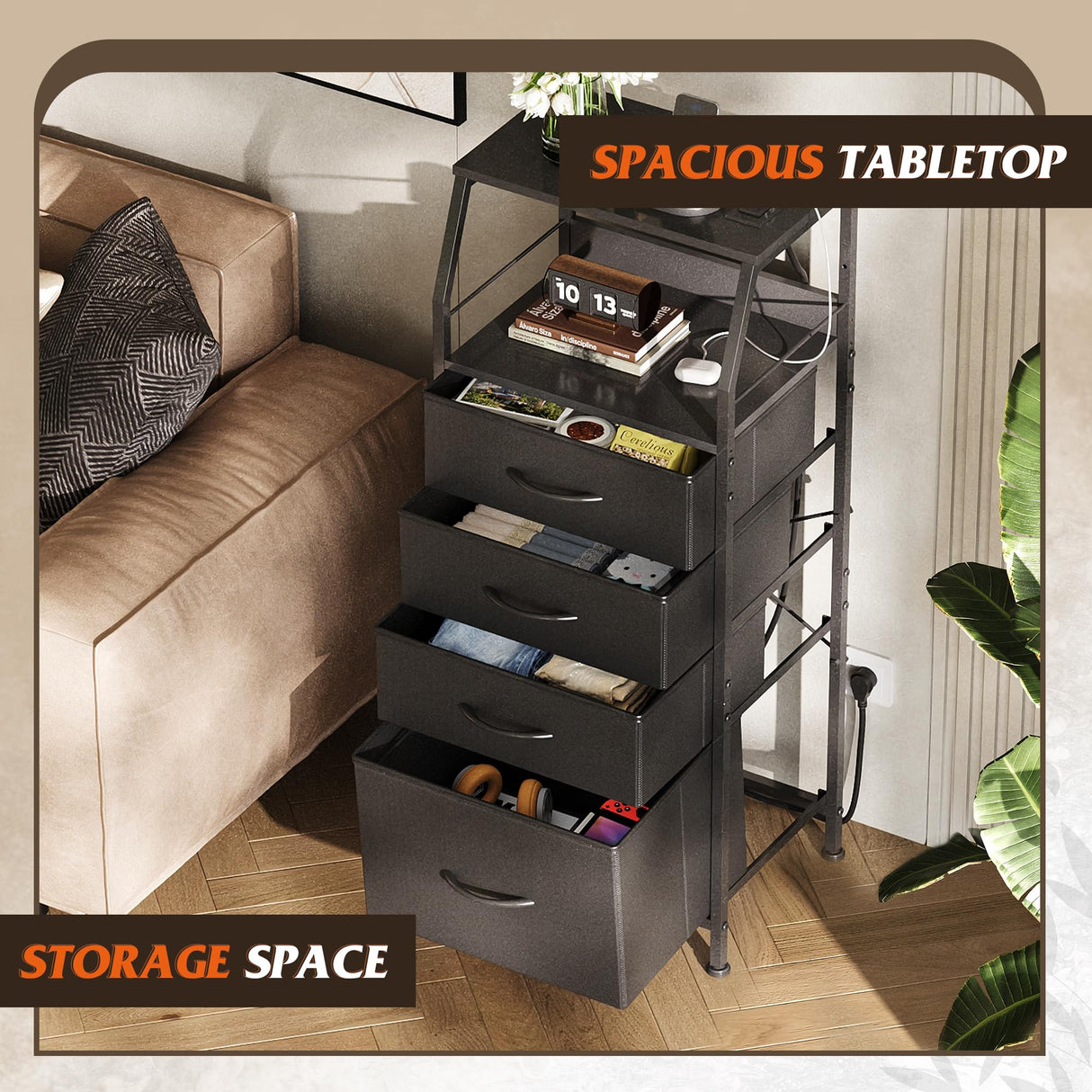 WLIVE Night Stand Set of 2 with Charger Station, Nightstand Sets with LED Light and 4 Storage Drawers, Tall Dressers for Bedroom, Bedside Tables with Fabric Bins, Wood Shelf, Metal Frame, Black WLIVE