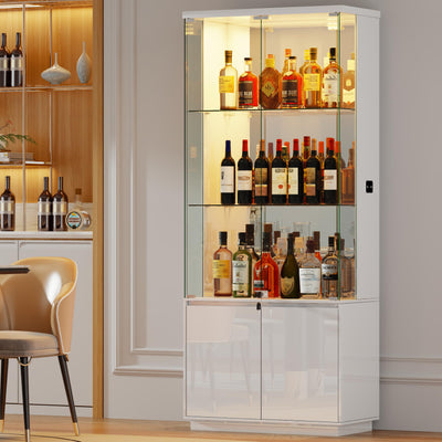 HNEBC 71'' Display Cabinet with Glass Doors&3 Color Lights&Lockable for Bedroom White,High Gloss Curio Cabinet with Adjustable Glass Shelf 3-Tier Bookcase for Living Room