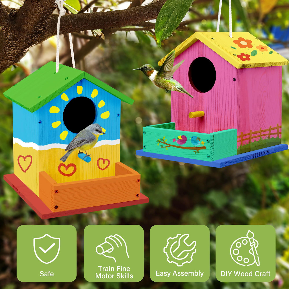 LotFancy Bird House Kit, 2 Pack, DIY Wooden Birdhouse Kits, Arts and Crafts Painting Kit for Kids, Build and Paint, Including Paints & Brushes LotFancy