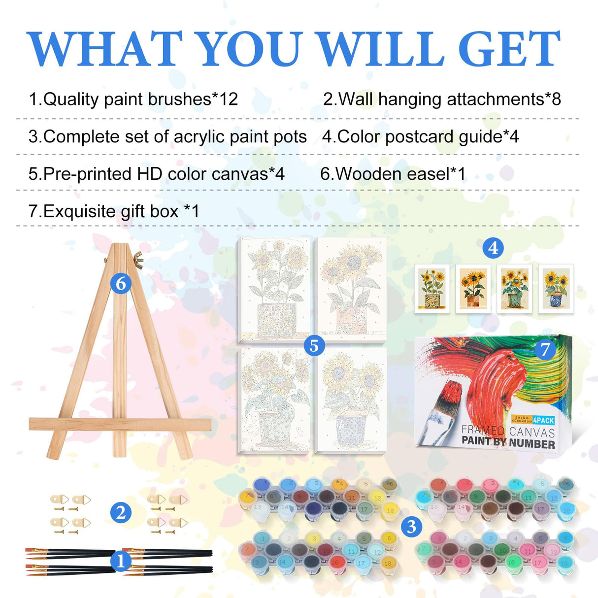 4 Pack Framed Paint by Numbers Kit for Adults with Wooden Easel, Sunflower Easy Paint by Number Kits with Frame, DIY Acrylic Adult Paint by Number Kits on Canvas Framed for Home Decor Gift 8x12 Inch PRASIO