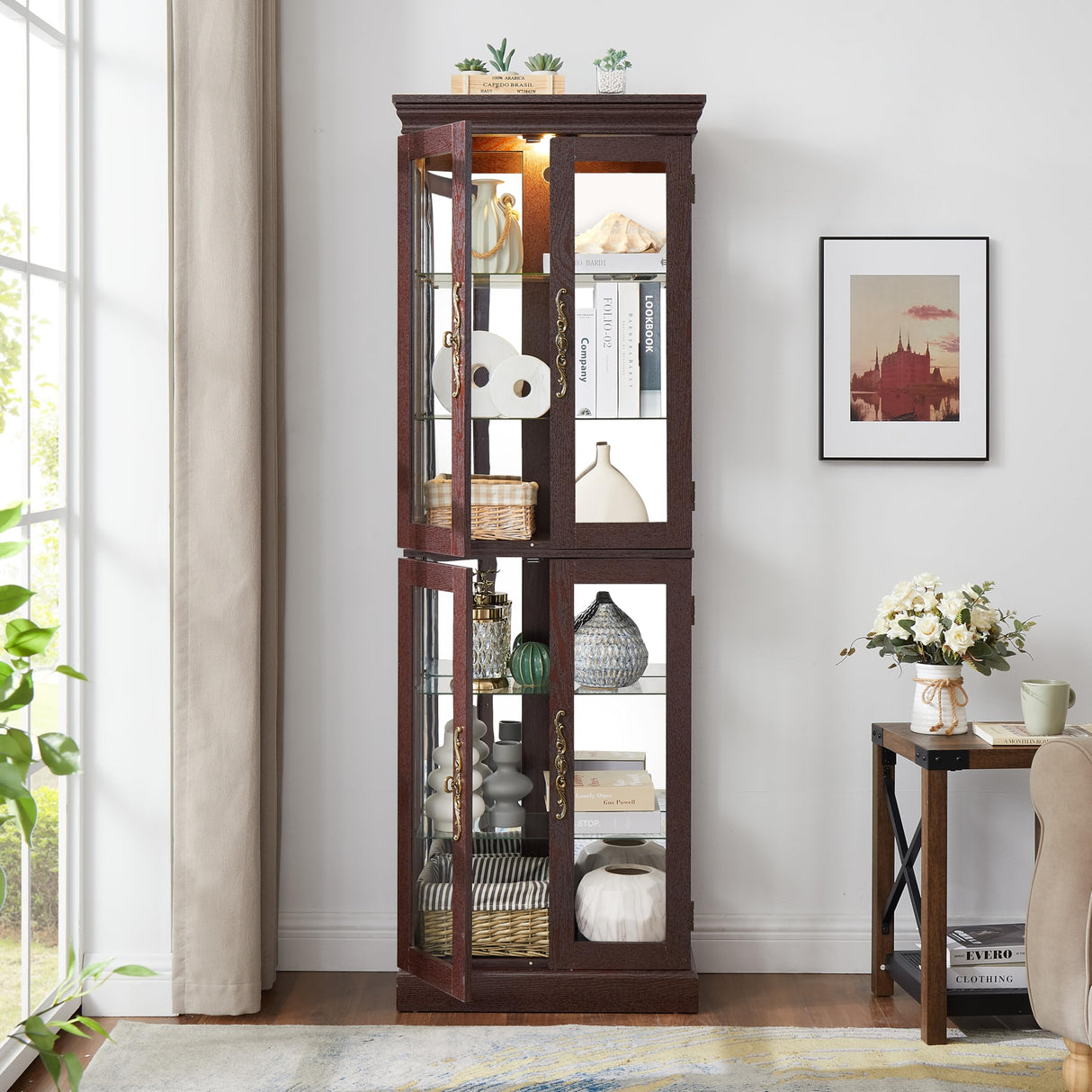 YiaFurio Lighted Display Cabinet Corner,Glass Curio Cabinet with Lights & Adjustable Shelves for Kitchen,Living Room,Office(Free Standing,Light Bulb Include) YiaFurio