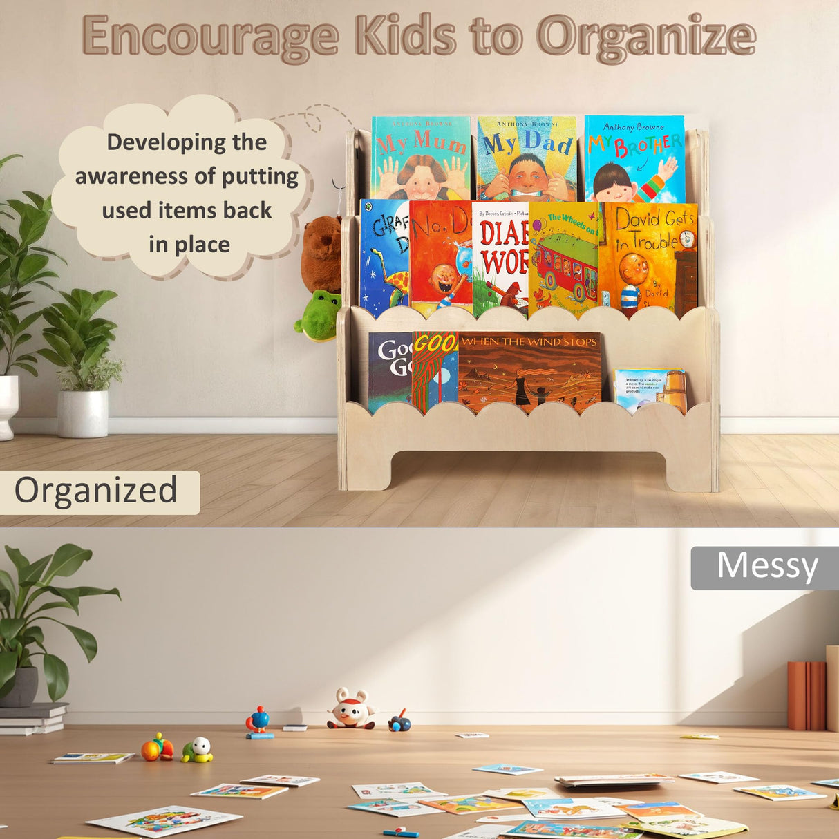 Tohiasen Kids Bookshelf Wooden 3-Tier, Scalloped Book Shelf for Kids Rooms, Front Facing Toddler Montessori Bookshelf, Baby Nursery Book Shelves Kids Classroom Bookshelf Bookcase Tohiasen