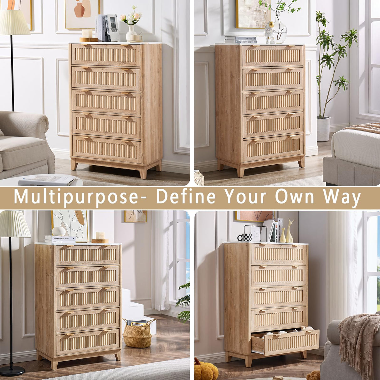 GIAJORYA Fluted Tall Dresser for Bedroom, 5 Drawer Dressers with Faux Marble Top, Wooden Chest of Drawers, Modern Storage Cabinet Organizer, Natural Oak GIAJORYA