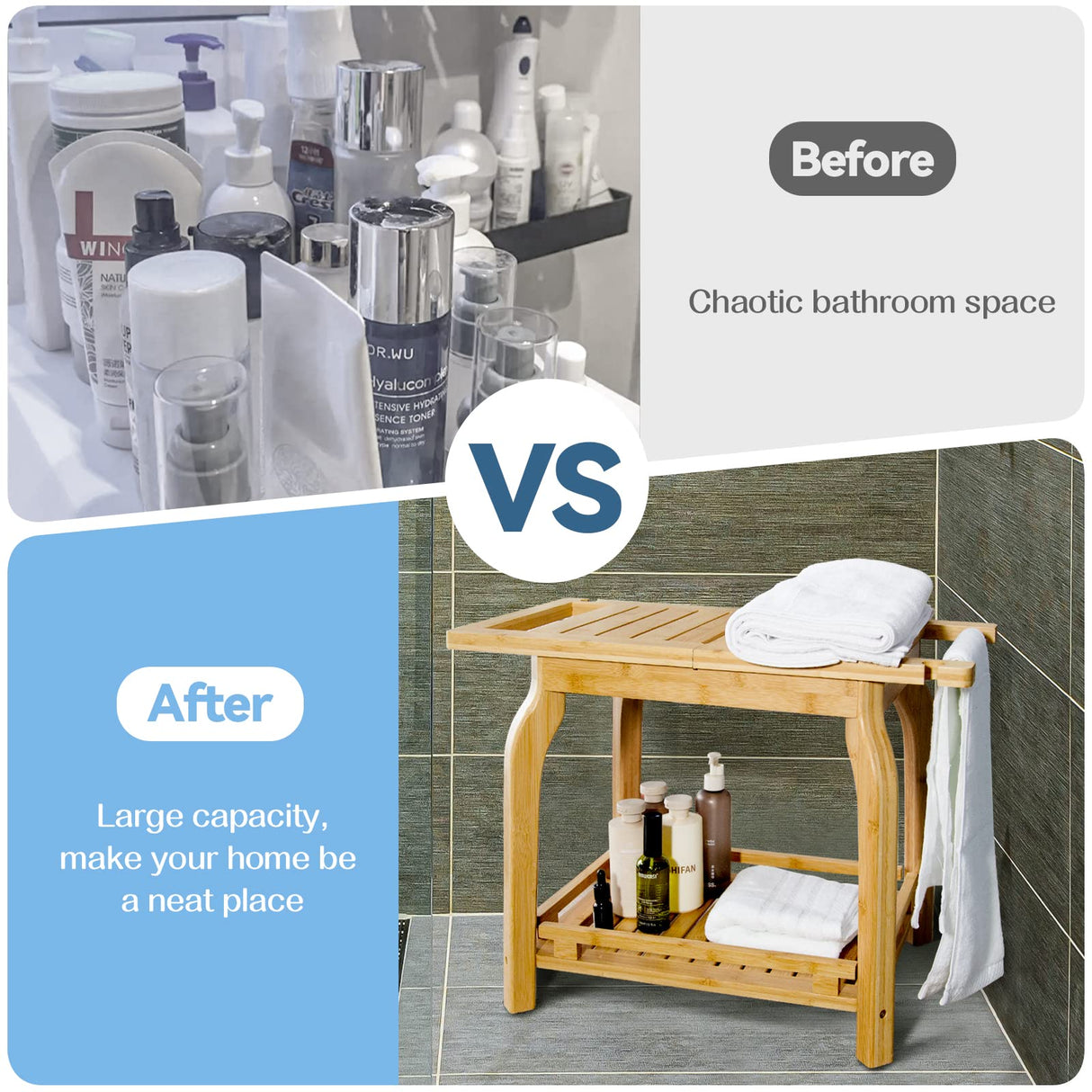 2-Tier Bamboo Shower Bench for Inside Shower Shaving Legs, 25 Inch Waterproof Bathroom Bench Shower Stool with Storage Shelf, Safe & Stable for Seniors Adults Disabled Women KingPavonini