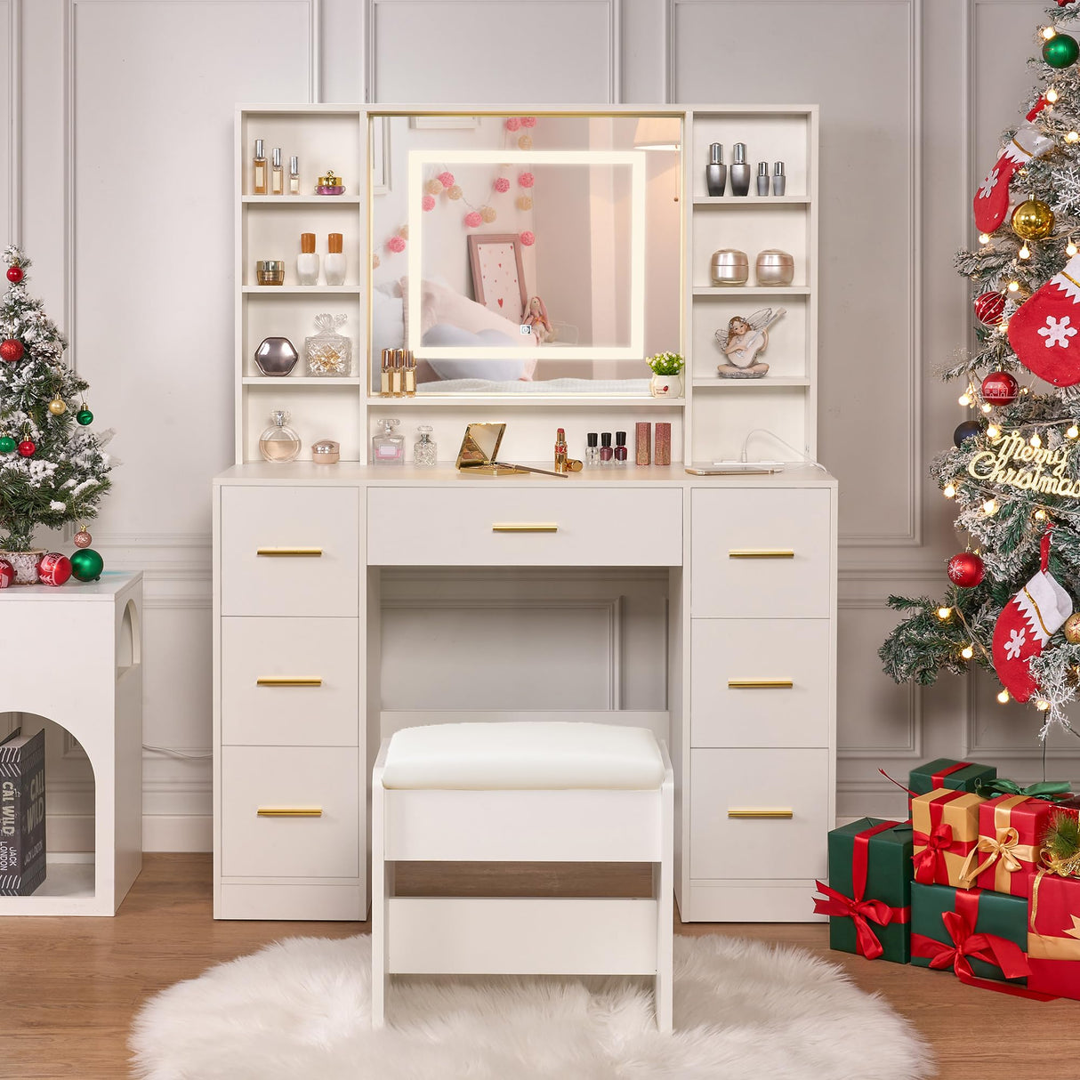 ANWBROAD Vanity Desk Table with Lighted Mirror and Lights Makeup Vanity Desk 39.4“ with Power Outlet 3 Colors Lighting Adjustable Brightness Vanity Table for Bedroom Dressing Room (White + 7 Drawers) ANWBROAD