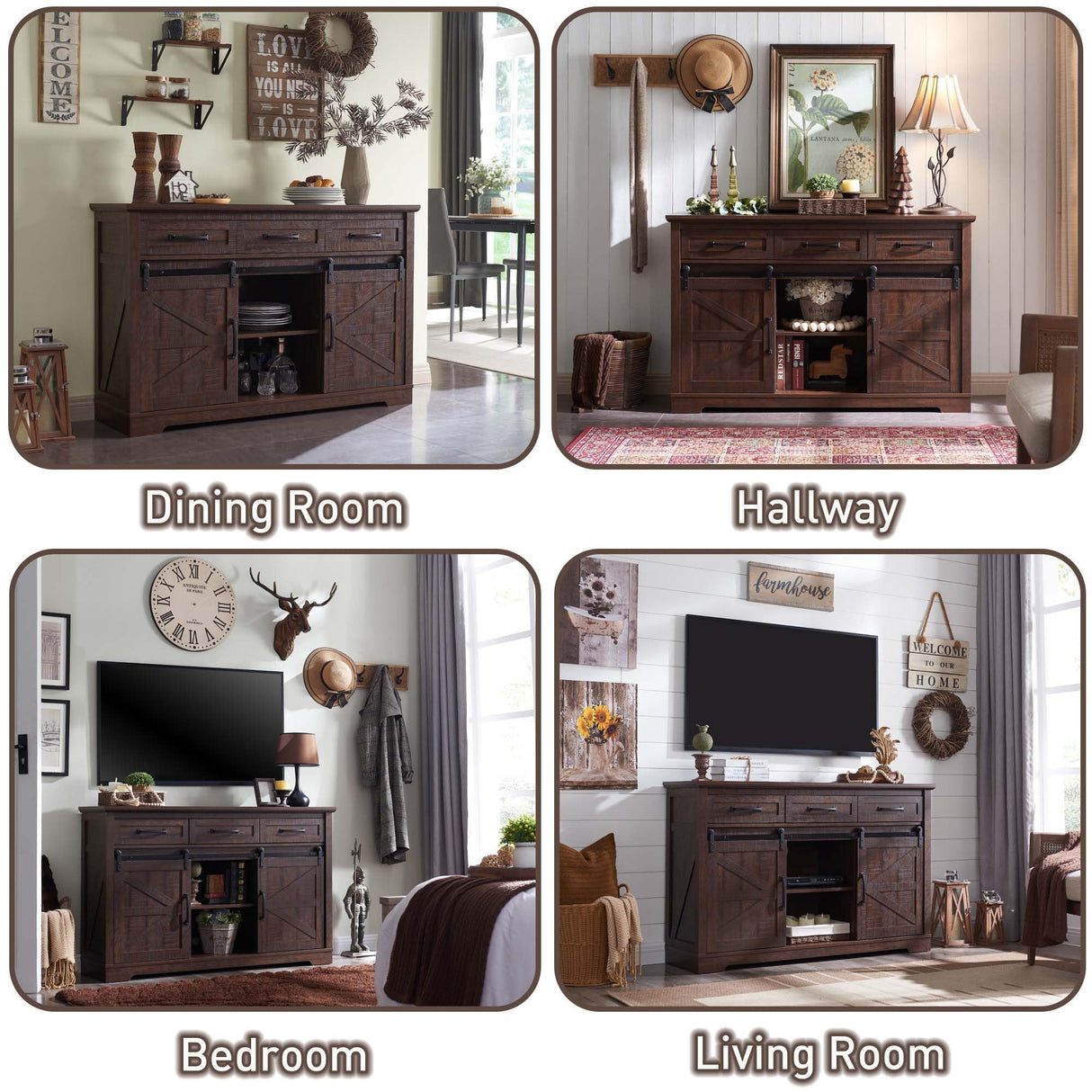 IFGET Farmhouse Buffet Cabinet, 53” Sideboard Cabinet w/3 Drawer, Rustic Storage Cabinet w/Sliding Barn Door, Coffee Bar Cabinet for Dinning Room, Kitchen, Hallway, and Living Room, Brown IFGET