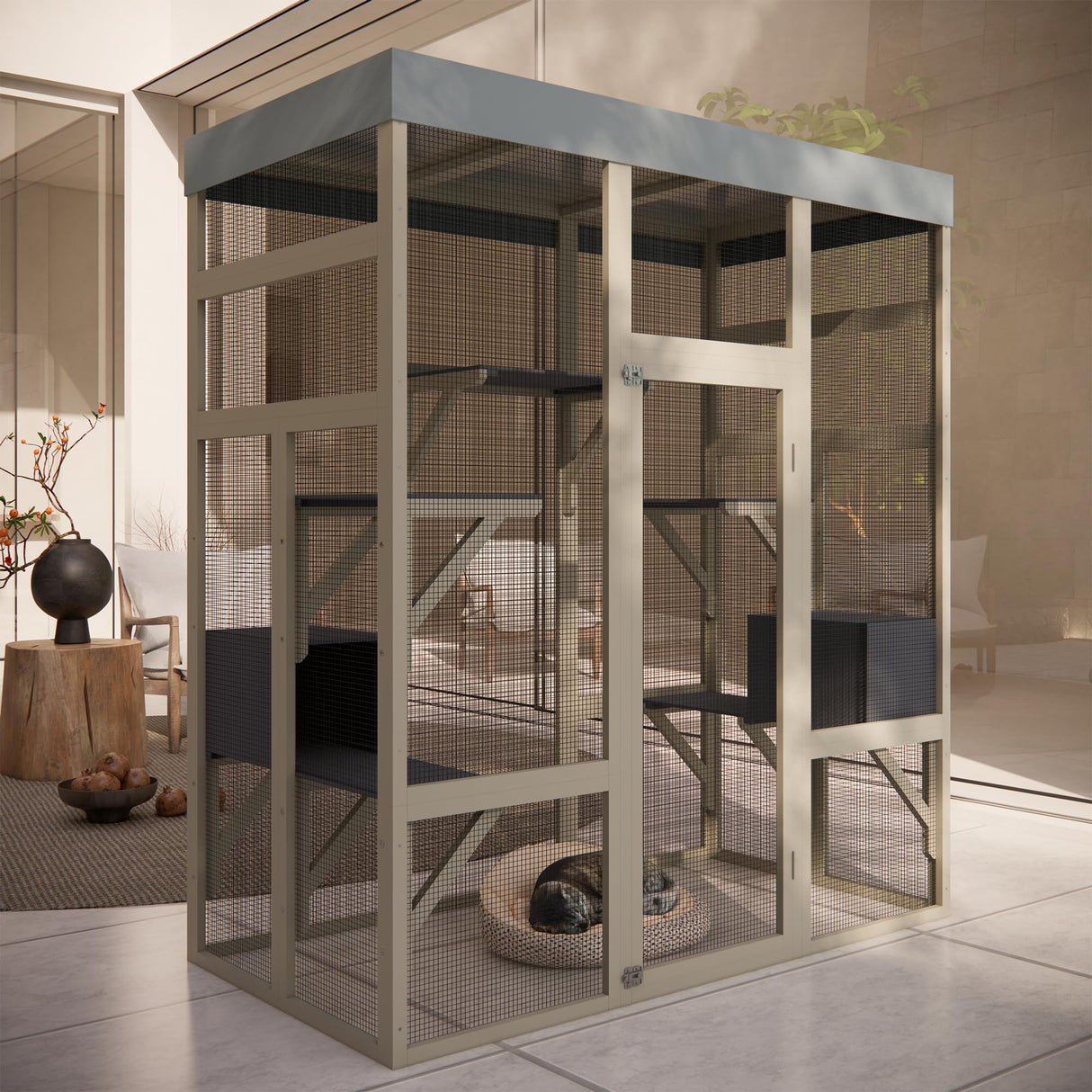 70” Catio Outdoor Cat Enclosure, Large Wood Cats House, Catio Window Cat Enclosure, Jumping Platform & 2 Napping Resting Box CuisinSmart