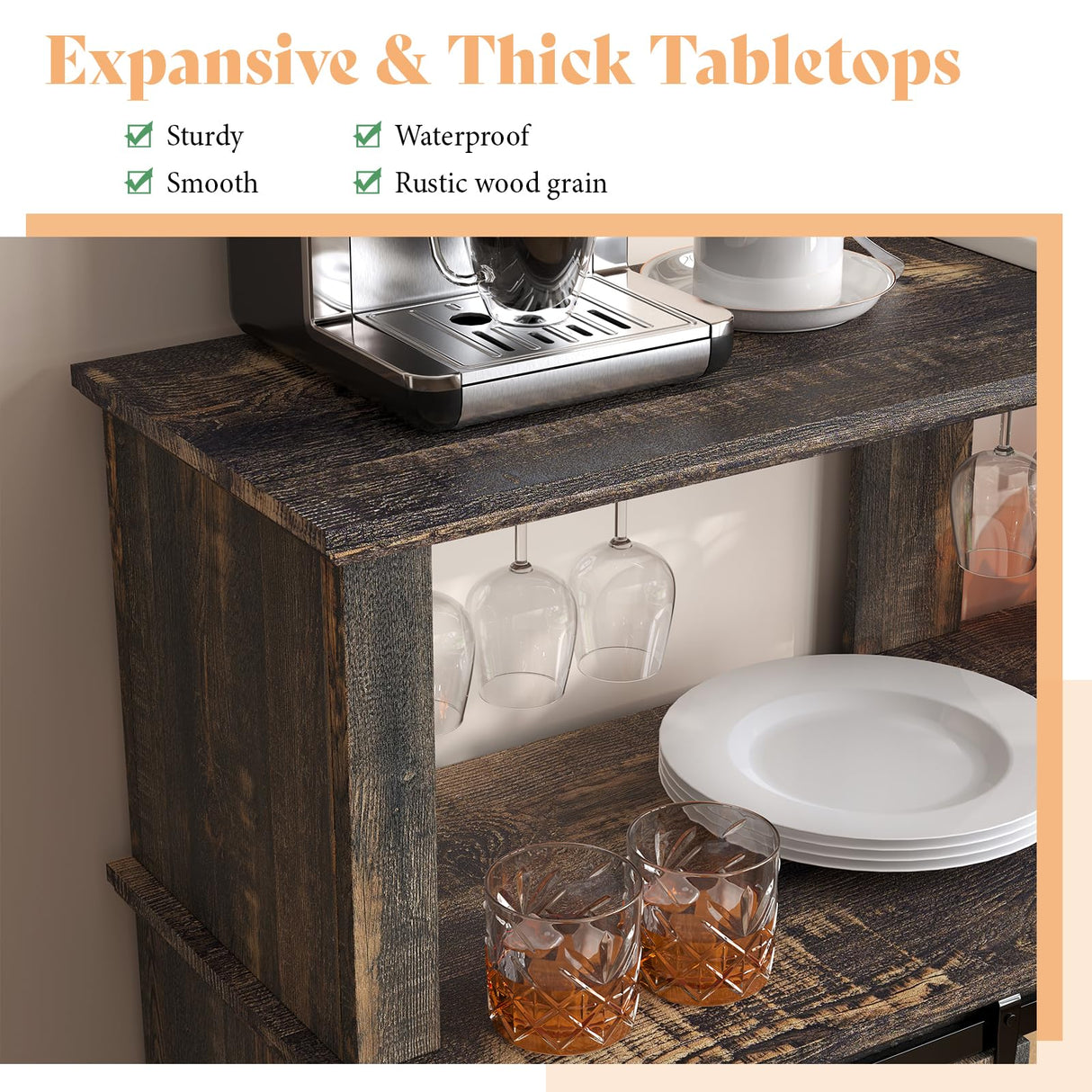 VanAcc Farmhouse Buffet Wine Cabinet with LED Lights, 55" Coffee Bar with 2-Tier Storage, Glass Holders, 8 Wine Racks, Home Liquor Hutch Cabinet with Barn Door, Rustic Black VanAcc