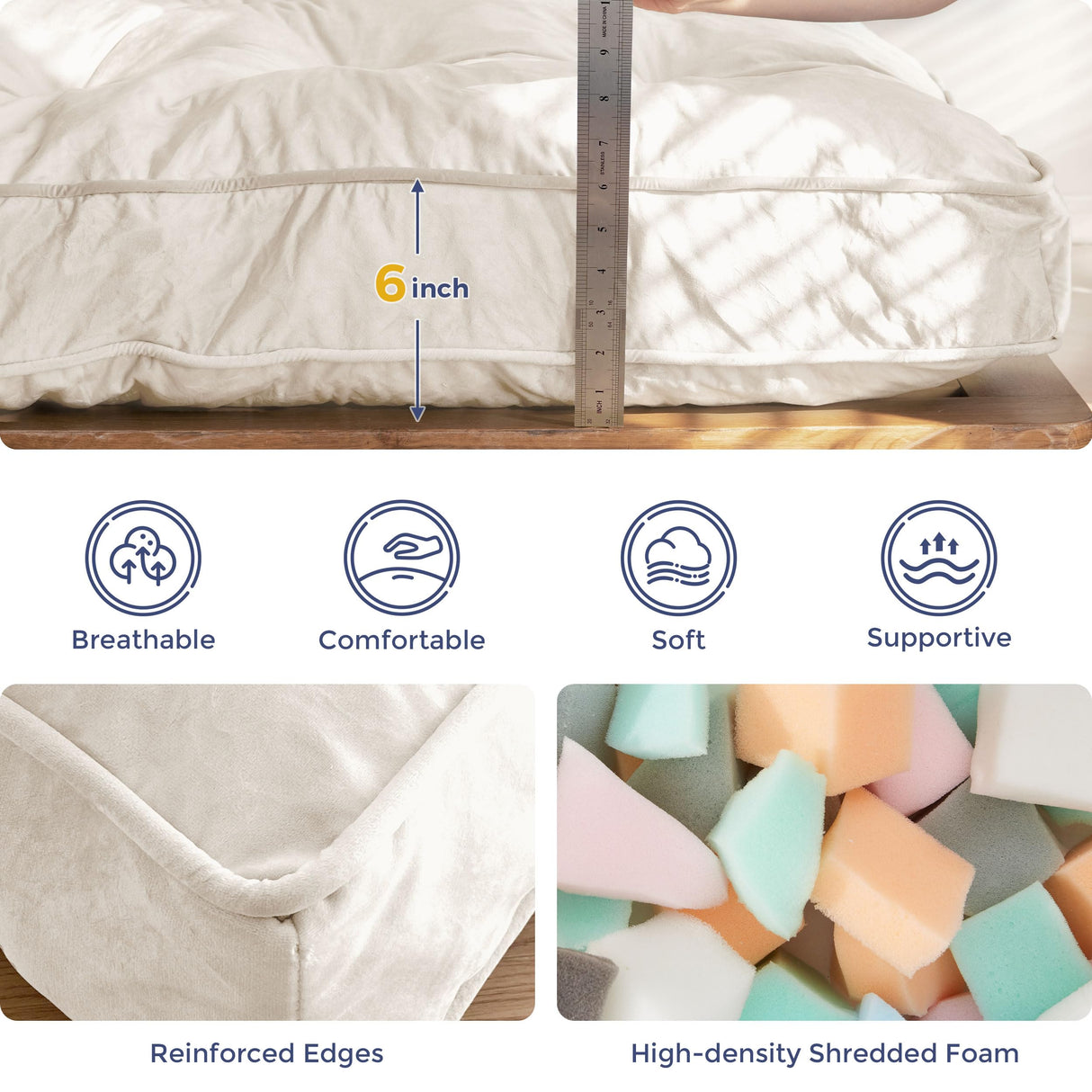 MAXYOYO 6" Futon Mattress Queen Size, Velvet Thick Futons Sofa Couch Bed, Versatile Floor Mattress for Adults, Shredded Foam Filling (Frame Not Included), Beige MAXYOYO