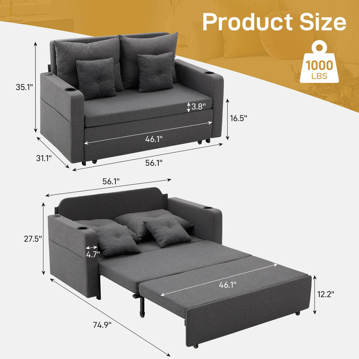 Busaurus 3 in 1 Convertible Sofa Bed, 56" Full Size Loveseat Sleeper Sofa Couch Bed, Sleeper Sofa Bed with Storage Pocket, USB, Comfy Pull Out Sofa Bed for Living Room, Bedroom, Small Space, Dark Grey Busaurus