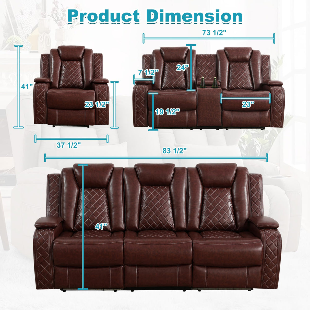 Lyngins 3+2+1 Power Sectional Reclining Sofa Set, Modern Recliner Couch, Loveseat, Chair with USB Ports/LED Lights/Storage Console/Cup Holders, PU Leather Recliner for Living Room, RV Theater, Brown Lyngins
