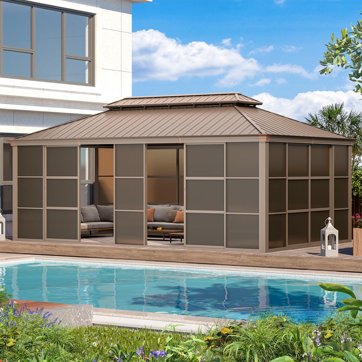 EROMMY 12' x 20' Sunroom, All-Season Gazebo Solarium with Galvanized Steel Roof, Aluminum Frame, Outdoor Permanent Sun Room with Sliding Doors EROMMY