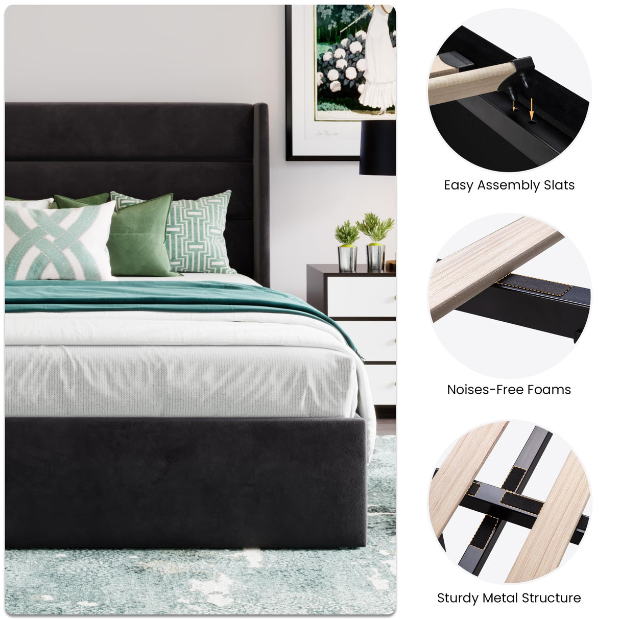 SHA CERLIN Queen Size Lift Up Storage Bed/Velvet Upholstered/Modern Wingback Headboard/Upholstered Platform Bed Frame/Hydraulic Storage/No Box Spring Needed/Black SHA CERLIN