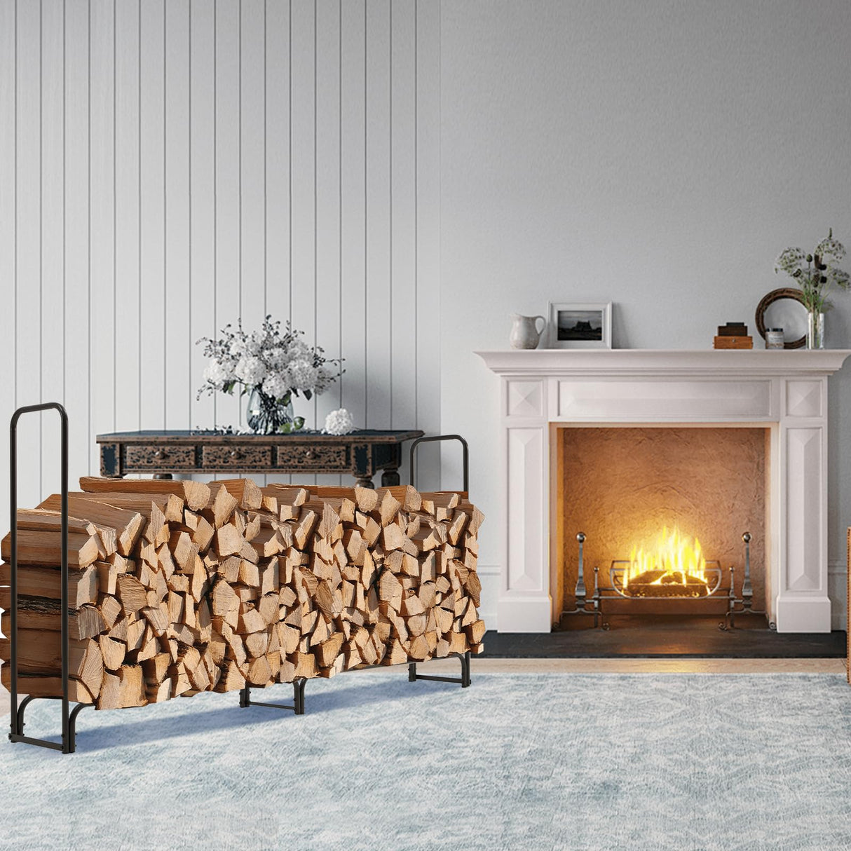 Danrelax 8ft Firewood Rack Outdoor with Cover, Wood Storage Rack for Fire log and Firewood, 600D Oxford Fabric Water-Resistant Cover, for Fireplace Indoor, Patio, Courtyard, Black Danrelax