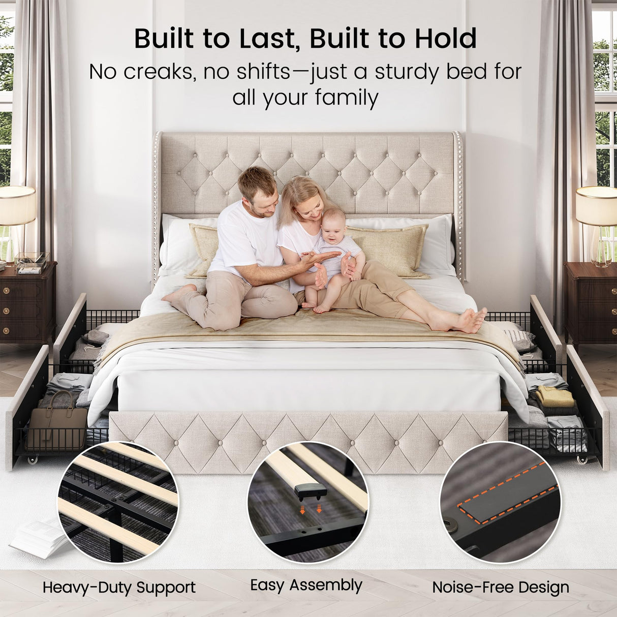 LARMACE King Size Bed Frame with 4 Storage Drawers and Tufted Headboard Linen Upholstered Platform Bed Frame Wingback Beds with Wooden Slats Support, Easy Assembly, Beige LARMACE