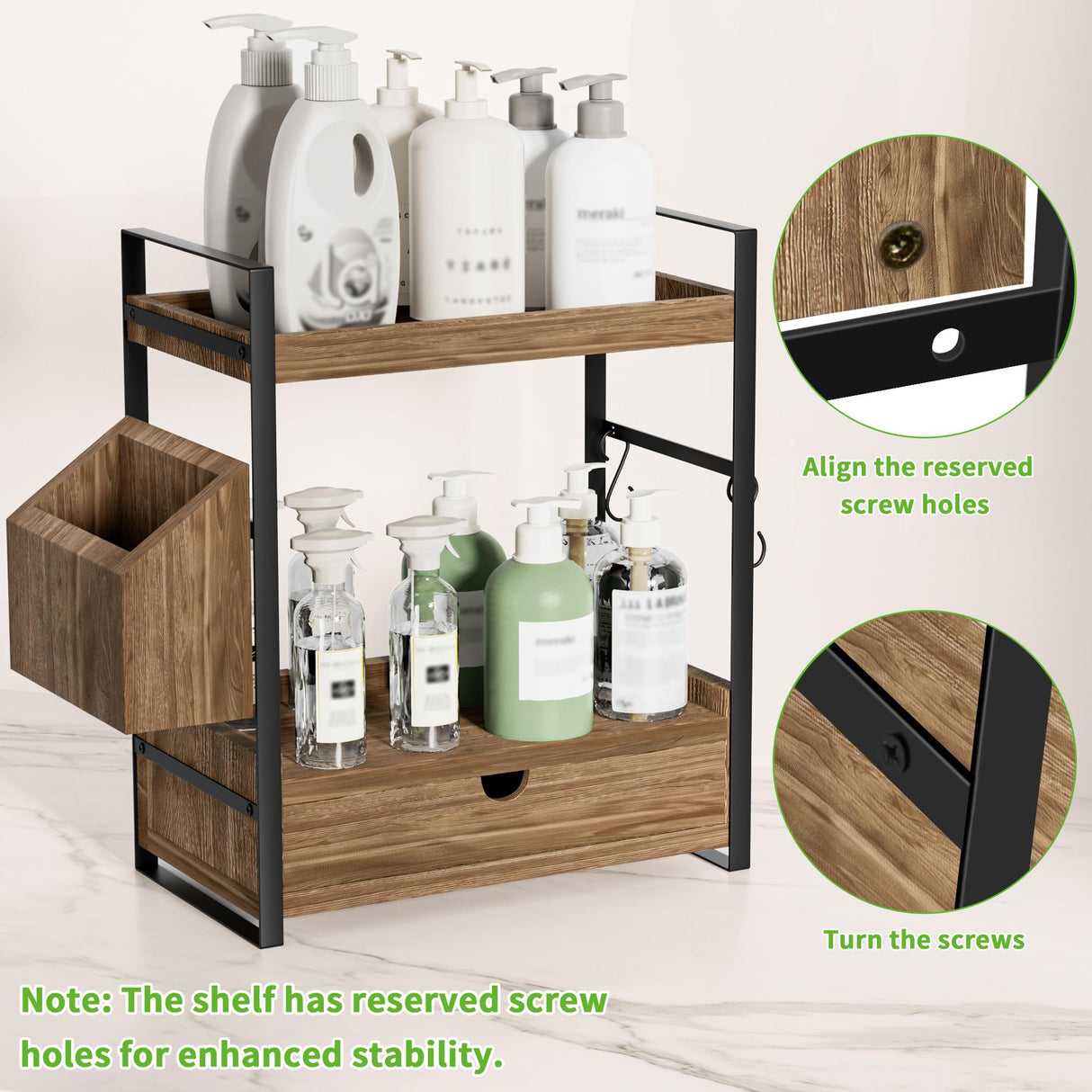 Aollewoiti 2-Tier Bathroom Counter Organizer with Drawer and Basket, Wood Countertop Organizer for Storage, Skincare Organizers for Vanity, Counter Shelf for Bathroom Organization(Dark Brown) Aollewoiti