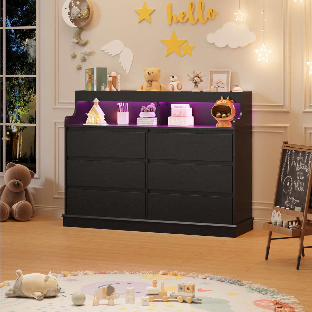 Dresser for Bedroom, 6 Drawer Dresser with LED Lights and Charging Station, Wide Chest of 6 Drawers with Open Space, Modern Large Capacity Storage Cabinet, Living Room, Hallway, Black GarveeHome