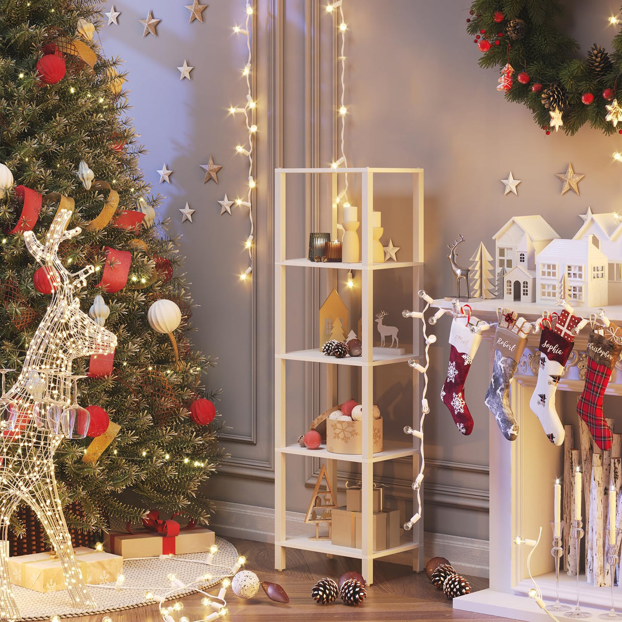 TUTOTAK Bookshelf, 5-Tier Tall Book Shelf, Narrow Bookcase for Small Space, DIY Stackable Bookshelf, for Living Room, Office, Study, Entryway, Industrial, White BS01BW005 TUTOTAK