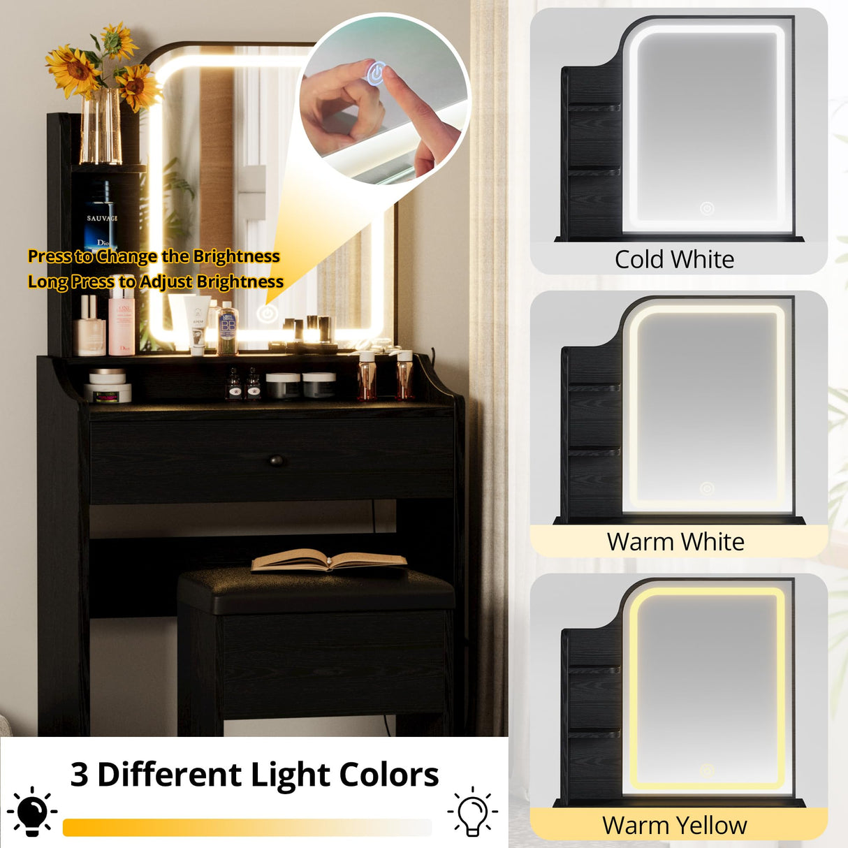 LIKIMIO Small Makeup Vanity Desk with Mirror and Lights, Vanity Table Set with Storage Drawer, Chair and Three Shelves, Bedroom, Black LIKIMIO