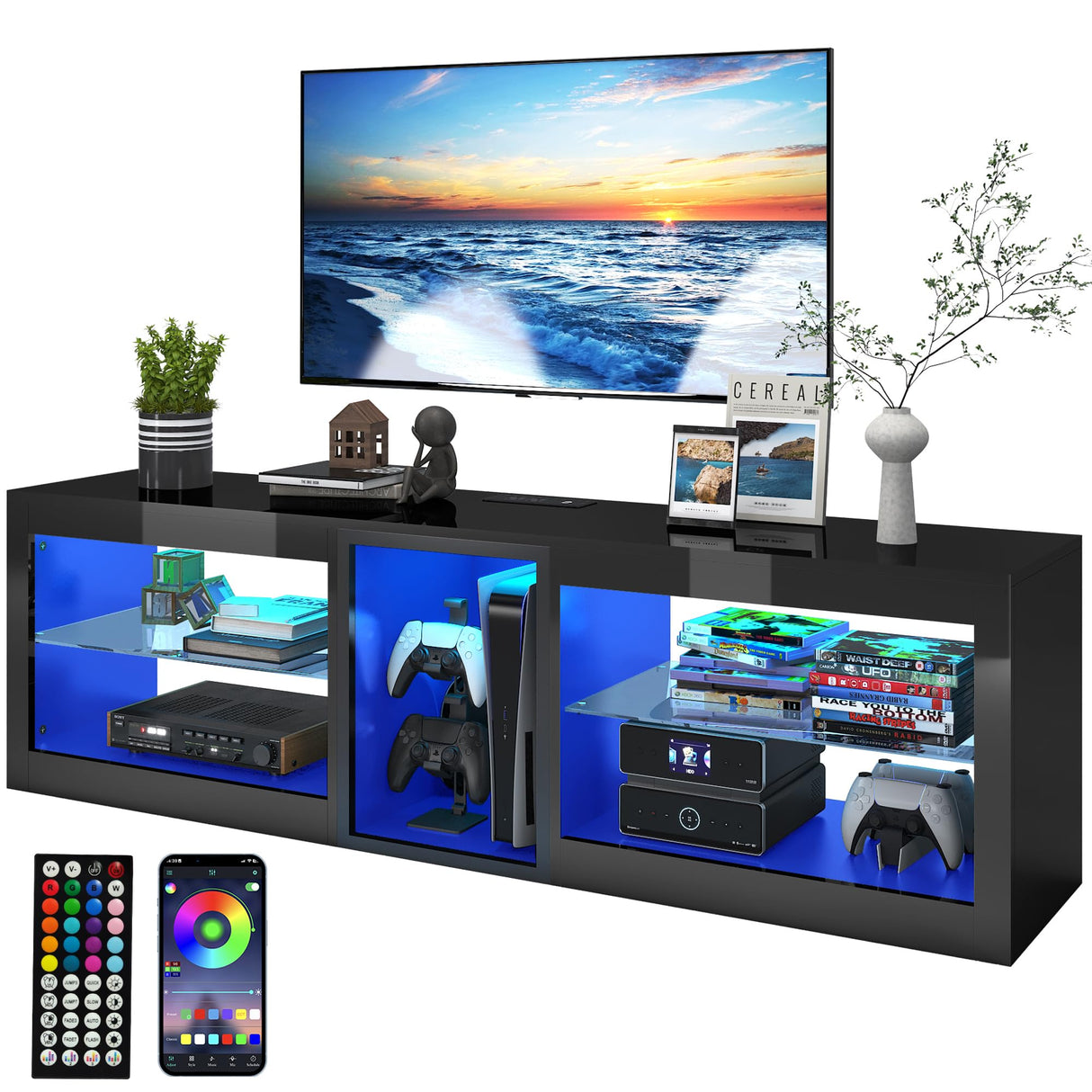 Vinctik 6&Fox LED TV Stands for Living Room w/60,000-Colors Lights&6.5ft Power Outlet for 55 60 65 70inch TV,Modern High Gloss LED Black Entertainment Center w/Adjustable Shelves for Gameroom/Bedroom Vinctik 6&Fox