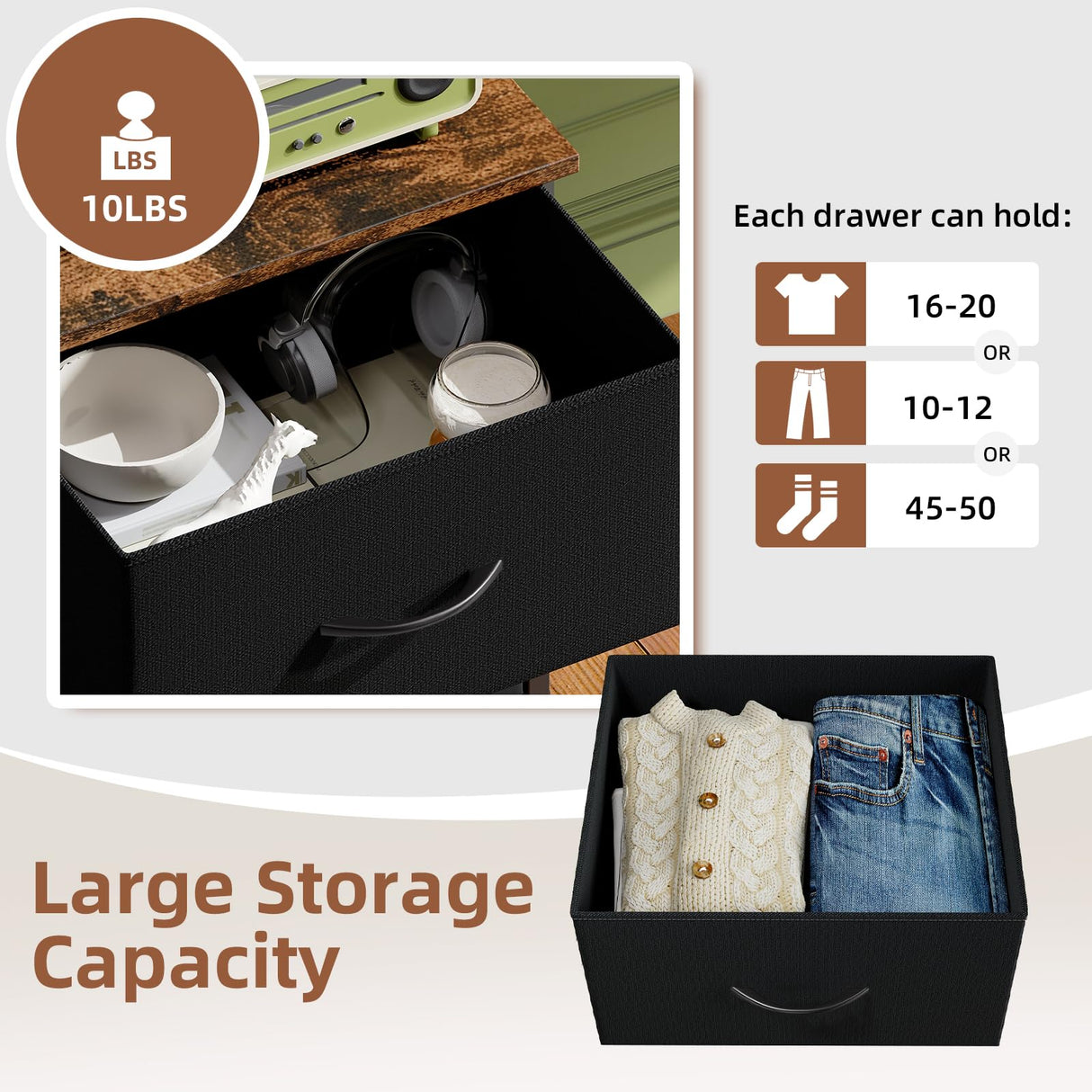 Somdot Dresser for Bedroom,Chest of Drawers Storage Organizer,Steel, MDF,Non-Woven Fabric Drawers,Closet Bedside Living Room Entryway Hallway,11.8"D x 16.5"W x 45.1"H (5 Drawers) Black Rustic Brown,1 Somdot