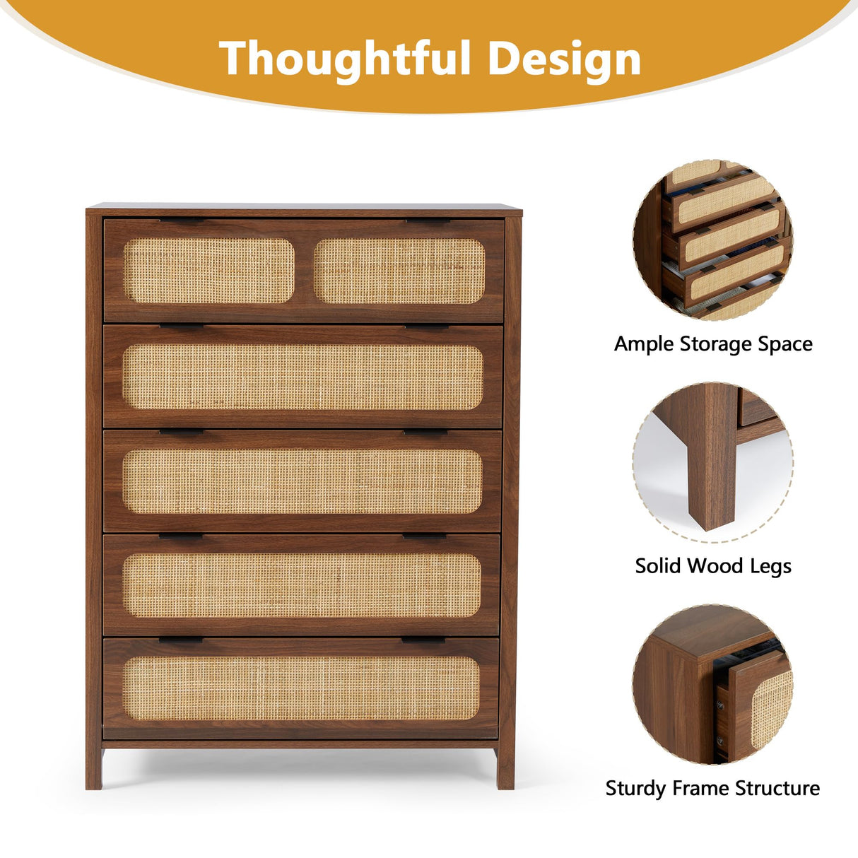 LEVNARY 5 Drawer Chest Dresser, Rattan Tall Dresser 5 Chest of Drawers for Bedroom, Wood Storage Cane Cabinet with Metal Handles, for Living Room, Hallway, Nursery (Walnut) LEVNARY