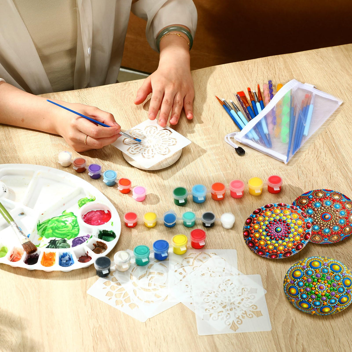 Weysat Mandala Rock Painting Kit Mandala Dotting Tools Kit Include Large Wooden Rocks Stencils Dot Tools Palettes Acrylic Paints Brush Bags for Adults Art DIY Crafts Gift Home Decor Supplies Weysat
