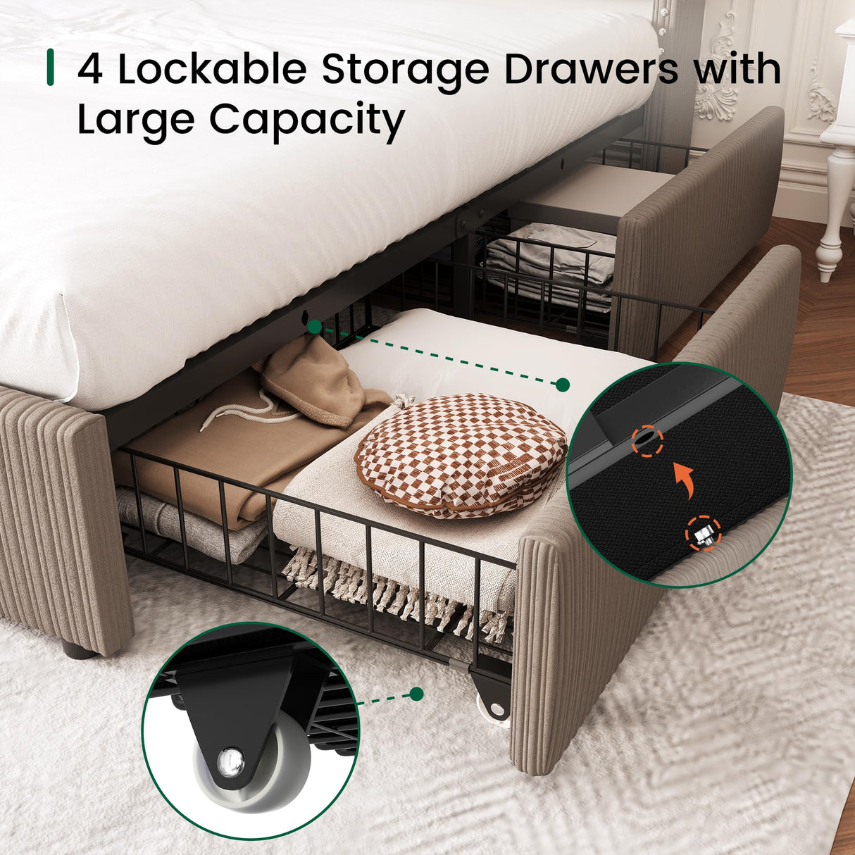 LARMACE King Size Bed Frame with 4 Storage Drawers,Corduroy Upholstered King Size Platform Bed Frame with Tufted Vertical Stripe,Solid Wood Leg/No Box Spring Needed/Noise Free,Brown LARMACE