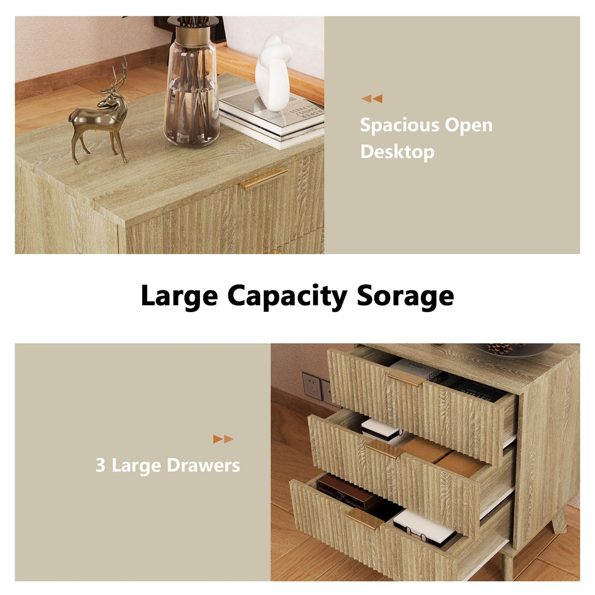 Mid-Century 3 Drawers Bedside Table Cabinet, Modern Nightstand with 3 Drawer and Solid Wood Legs, Contemporary 3-Drawer Nightstand, Mid Century Nightstand with 3 Storage Drawer for Bedroom (Natural) affeivul