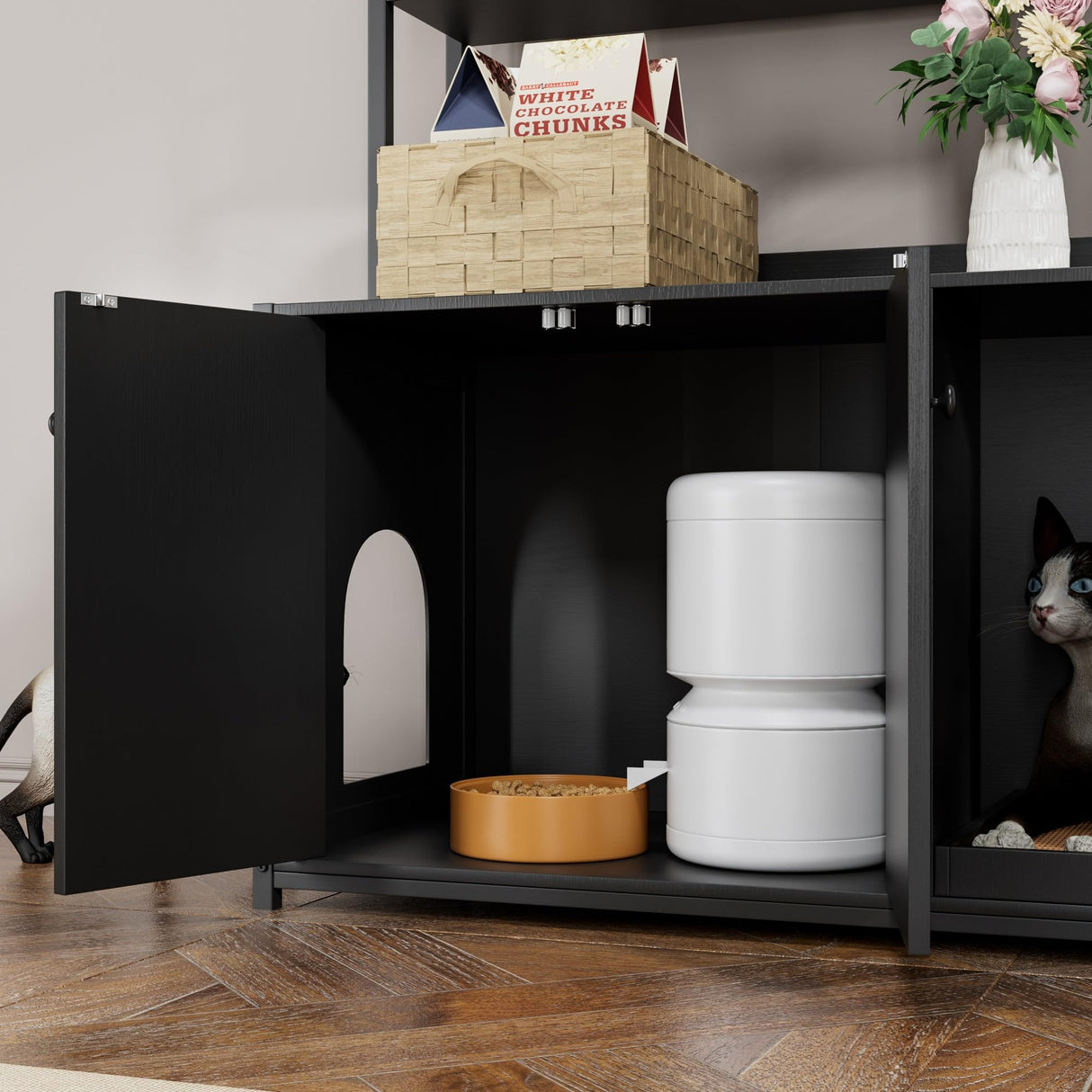 Corner Litter Box Enclosure with Shelves, 52'' Large Cats Hidden Furniture for Most of Litter Box, Wood Enclosed Kitty Cat Cabinet with Scratch Mat Black Curtainboro
