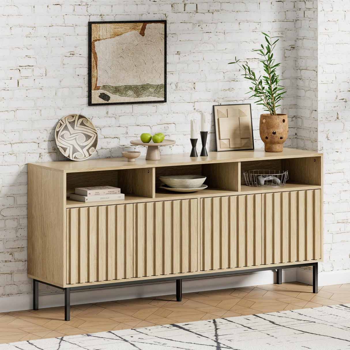 UEV Mid Century Modern Buffet Cabinet with Storage,Wood Sideboard Buffet,Geometric Fluted Storage Cabinet with Metal Legs,Accent Sideboard Cabinet for Kitchen,Living Room,Bedroom,Hallway(Natural) UEV