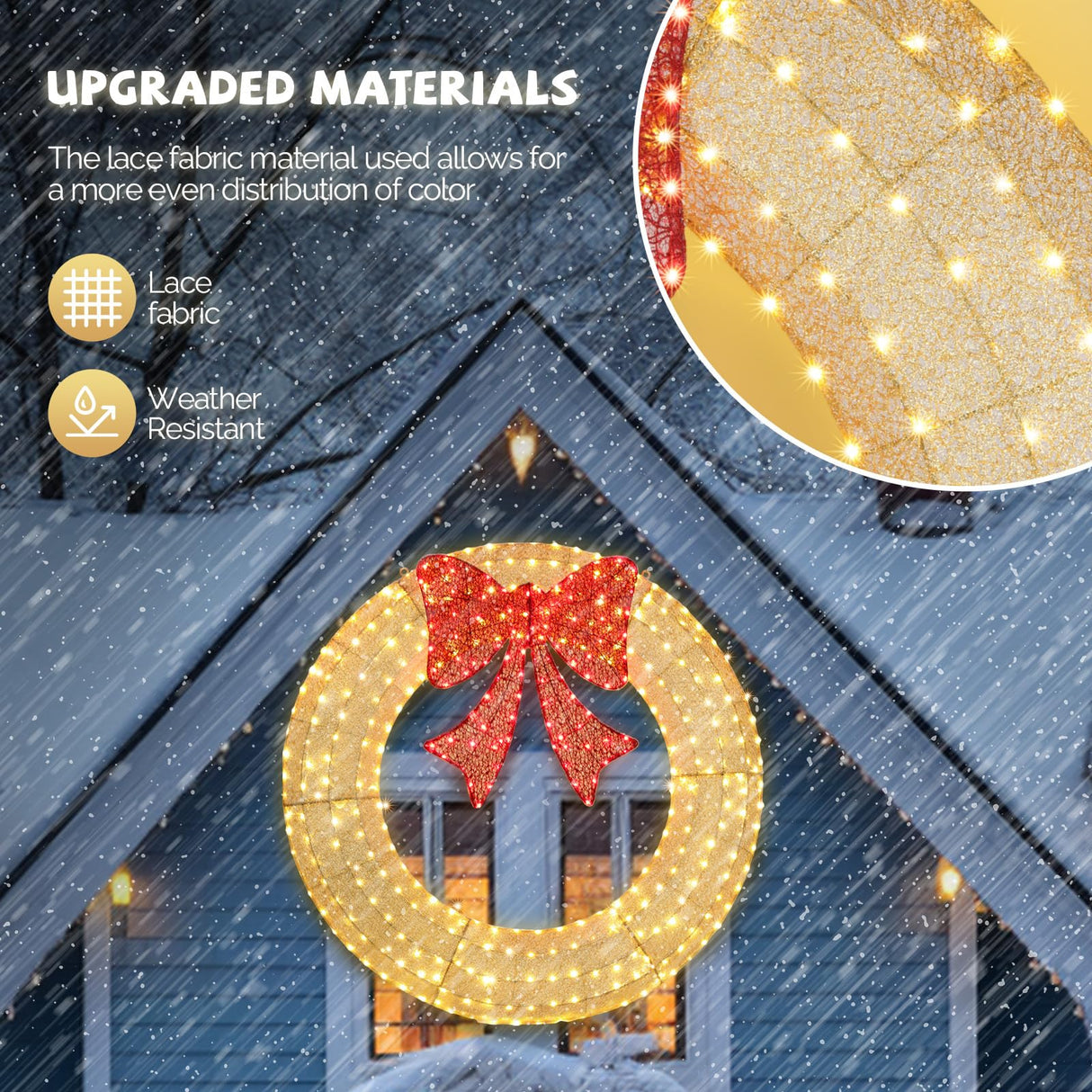 VINGLI 60 Inch Large Christmas Wreath, Outdoor Christmas Wreath for Garage, Windows, Christmas Door Wreath Decorations with Red Bow, Timer Remote Control, Plug-in, Gold VINGLI