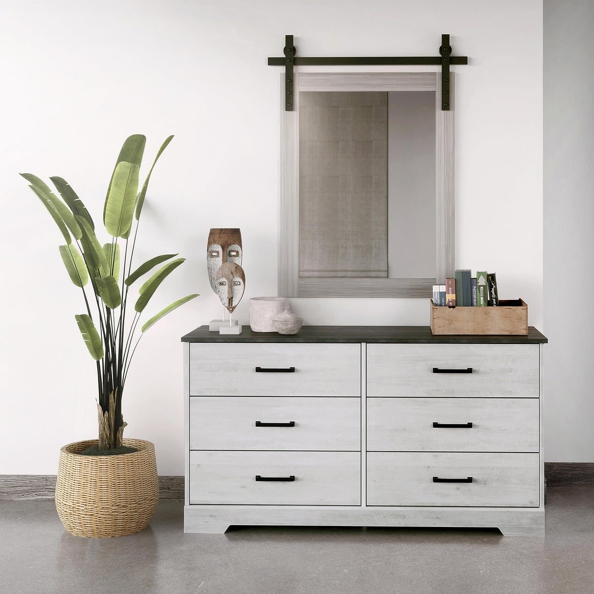 Prepac Rustic Ridge Farmhouse 6-Drawer Chest of Drawers for Bedroom, Wooden Bedroom Drawer Dresser with 6 Storage Drawers, 18.25in x 53.25in x 28.5in, Washed White, ADBR-1606-1 Prepac