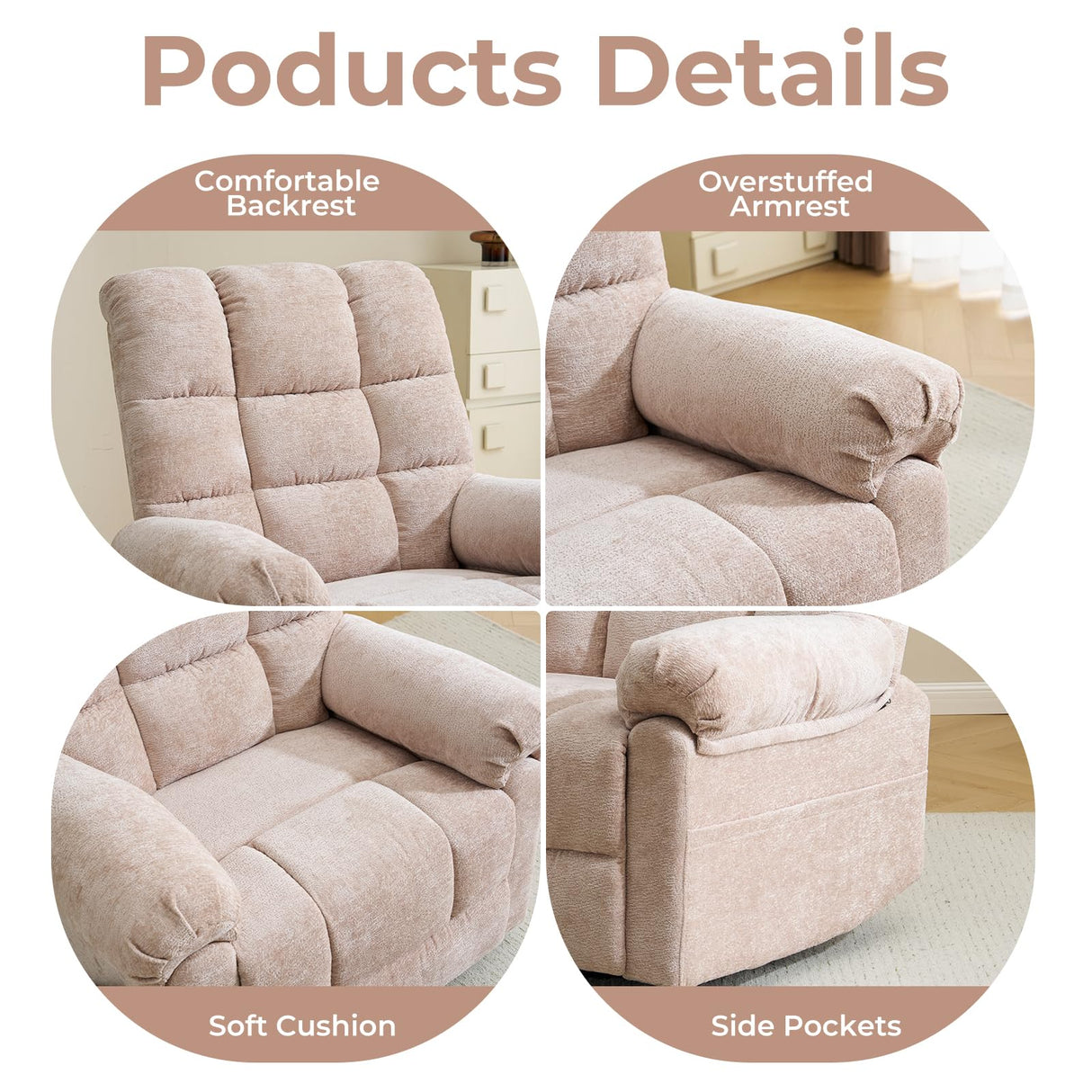 Rhevoy Swivel Rocker Recliner Chair with Heat and Massage, 26" Wide Oversized Rocker Recliner with Overstuffed Backrest,Swivel Glider Recliner for Living Room,Beige Rhevoy