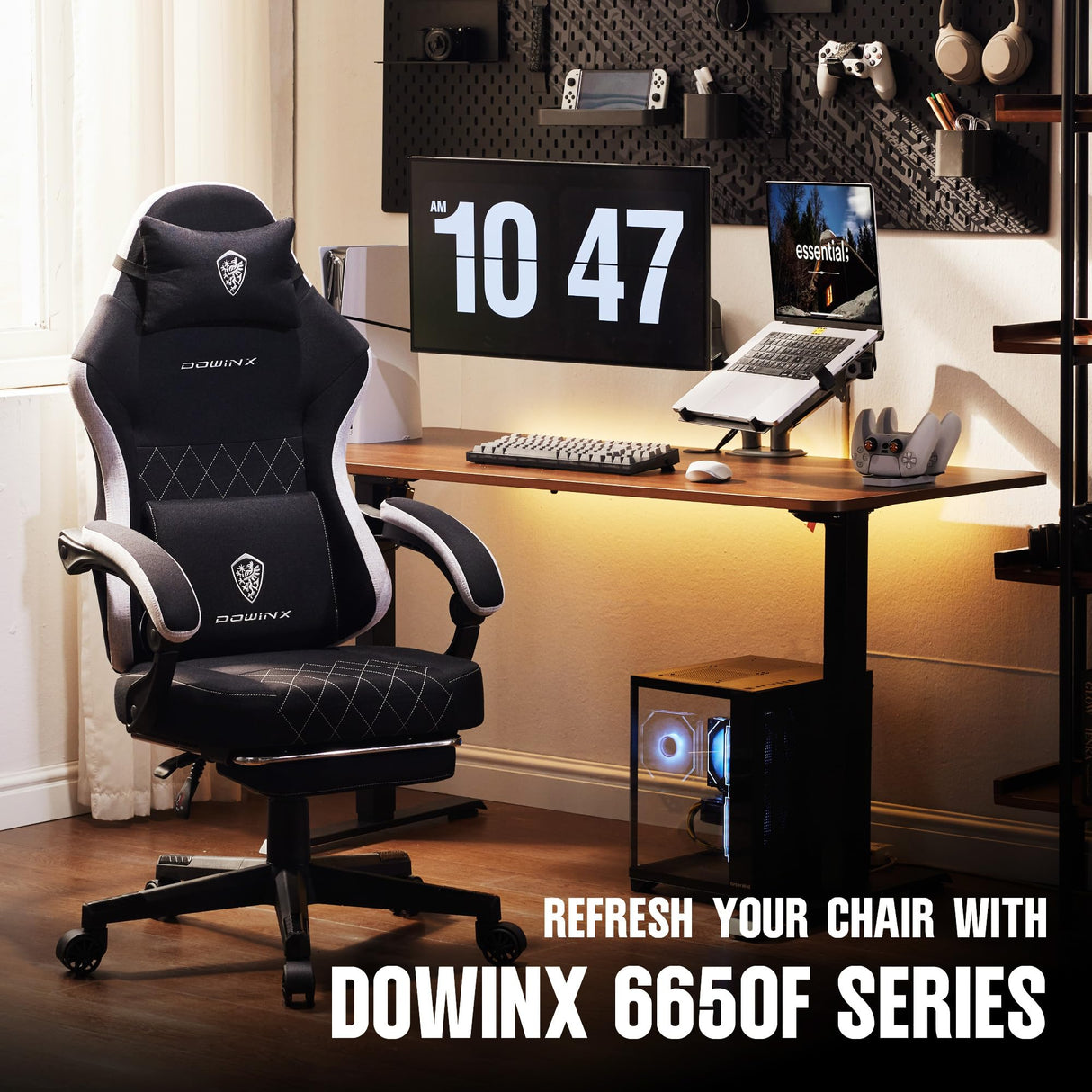 Dowinx Gaming Chair Fabric with Pocket Spring Cushion, High Back Ergonomic Computer Chair with Footrest for Adults, Massage Lumbar Support Swivel Game Chair for Office Gaming 300LBS, Black Dowinx