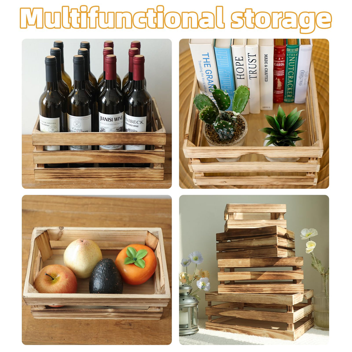 MACVAD Set of 4 Large Torched Wood Decorative Storage Crates, Nesting Wooden Crates for Display Rustic, Farmhouse Wooden Storage Container Boxes Made from 100% Wood MACVAD