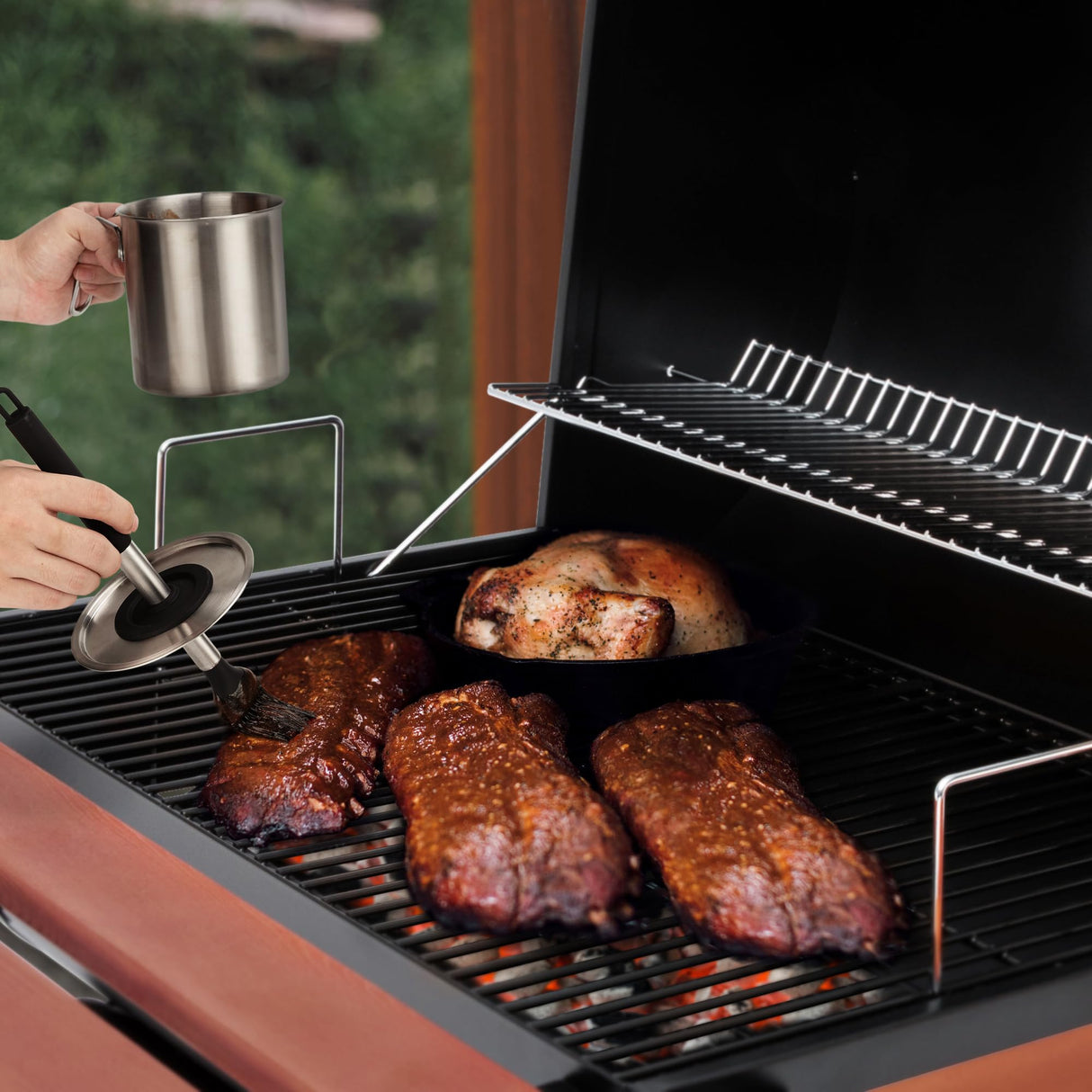 Geesta Adjustable Sauce Pot and Basting Brush Set, Long Stainless Steel Basting Brush for Cooking, Smoking, Fathers Day Grilling Gifts for Men Smoker Accessories, Large Capacity Grilling Tools, 1 Pack Geesta