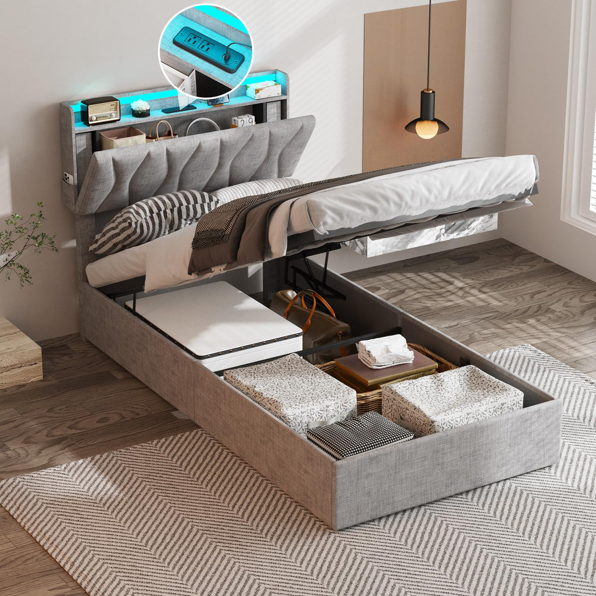 Twin Size Lift Up Storage Bed Frame with Adjustable Headboard, Charging Station, LED Lights, Wood Slats, Noise-Free, No Box Spring Needed, Light Grey Fameill