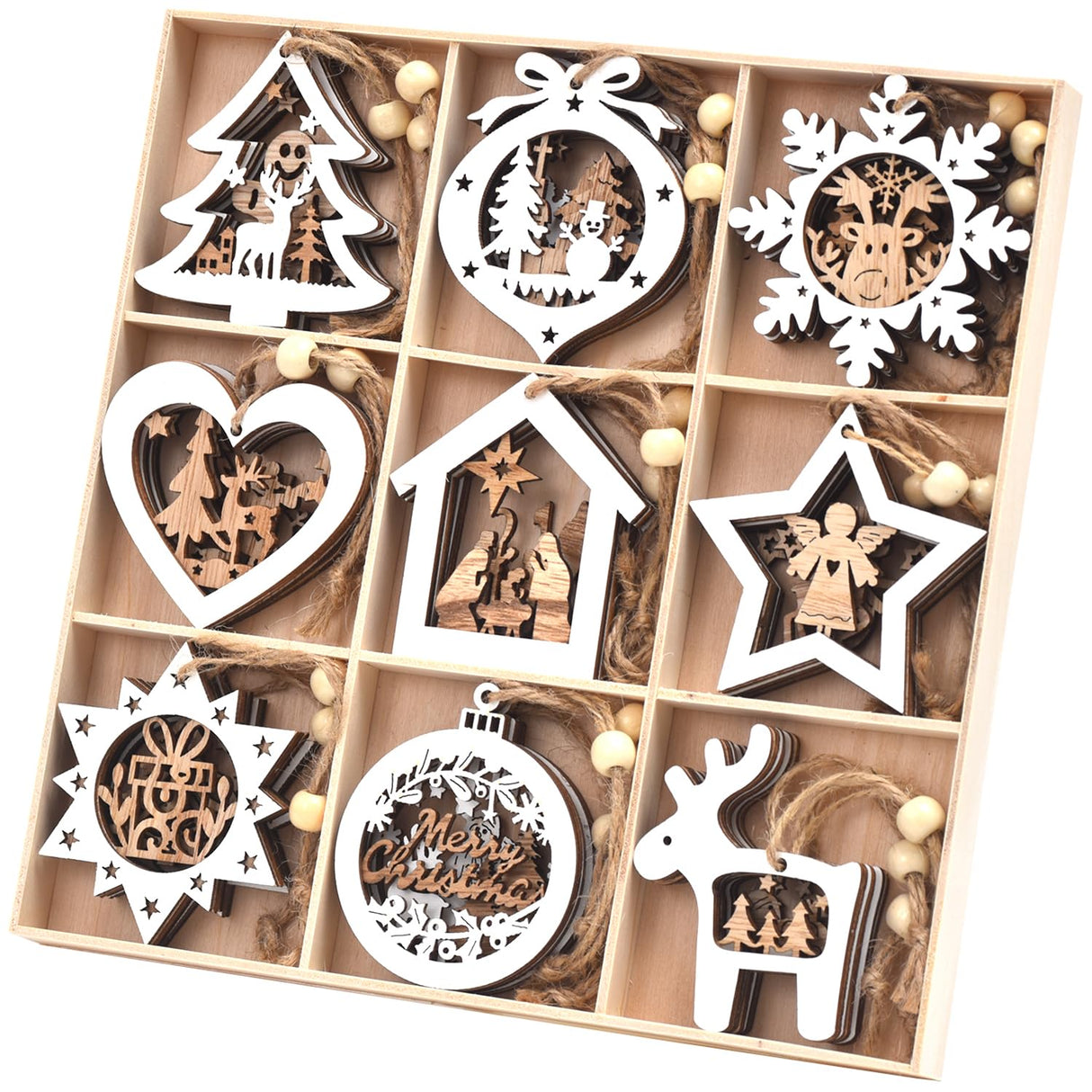 Ovootok Wooden Christmas Tree Ornaments, 27PCs 3D Hanging Christmas Decorations, Rustic Farmhouse & Winter Wonderland Ornaments for Christmas Tree Xmas Party, Santa Claus Snowman Snowflake (White) Ovootok