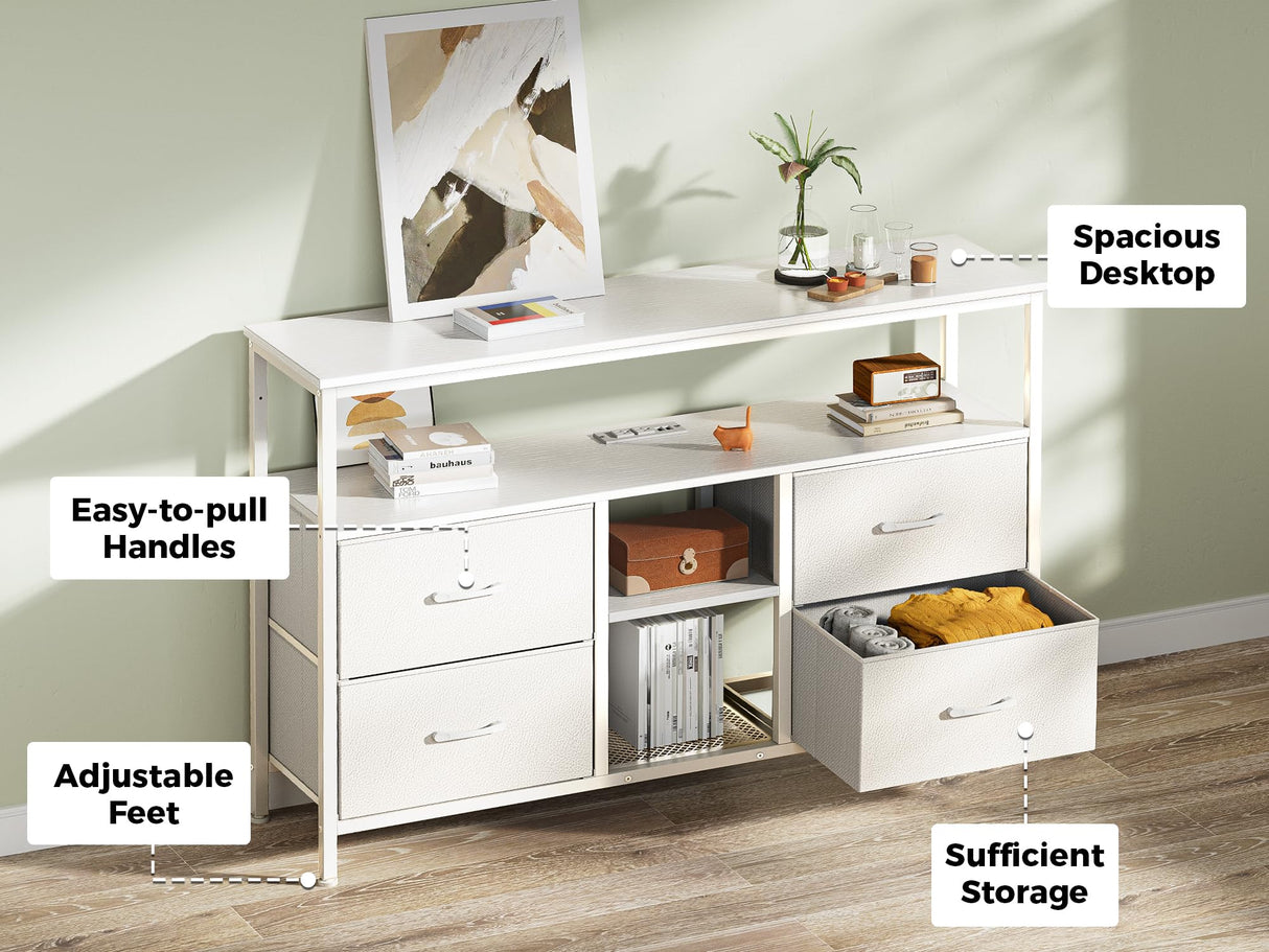 Huuger TV Stand Dresser with Power Outlets and LED Lights, 4 Drawers Entertainment Center with Open Shelf, Media Console for 50 43 Inch TV, Dresser with PU Finish, White Huuger