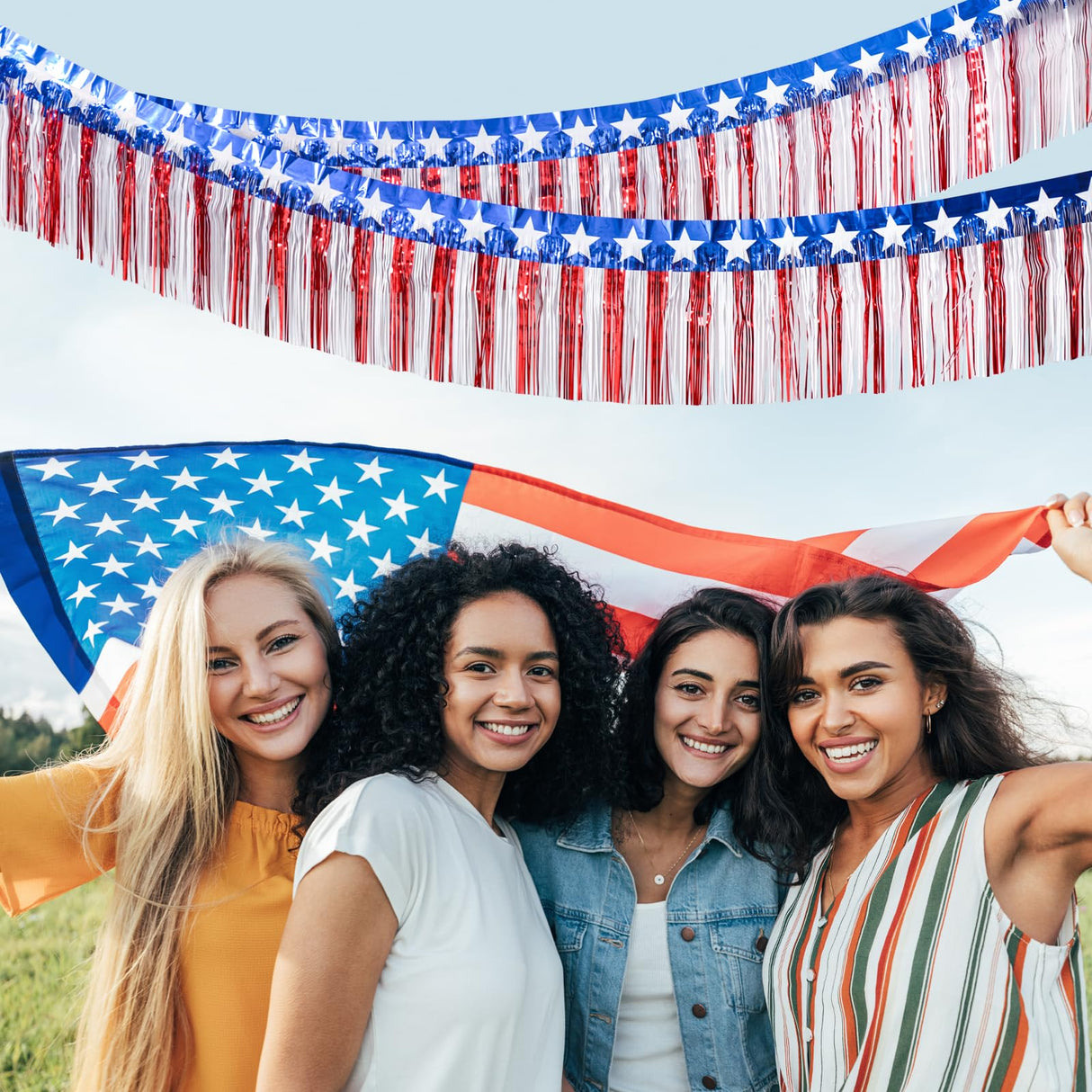 Mega-L 4th of July Decorations 2Packs 39 Feet Foil Fringe Garland Tinsel Streamers, Red White and Blue Star Metallic Hanging Backdrop Banner Table Skirts for Parade Floats Memorial Day Patriotic Party Mega-Loopolis